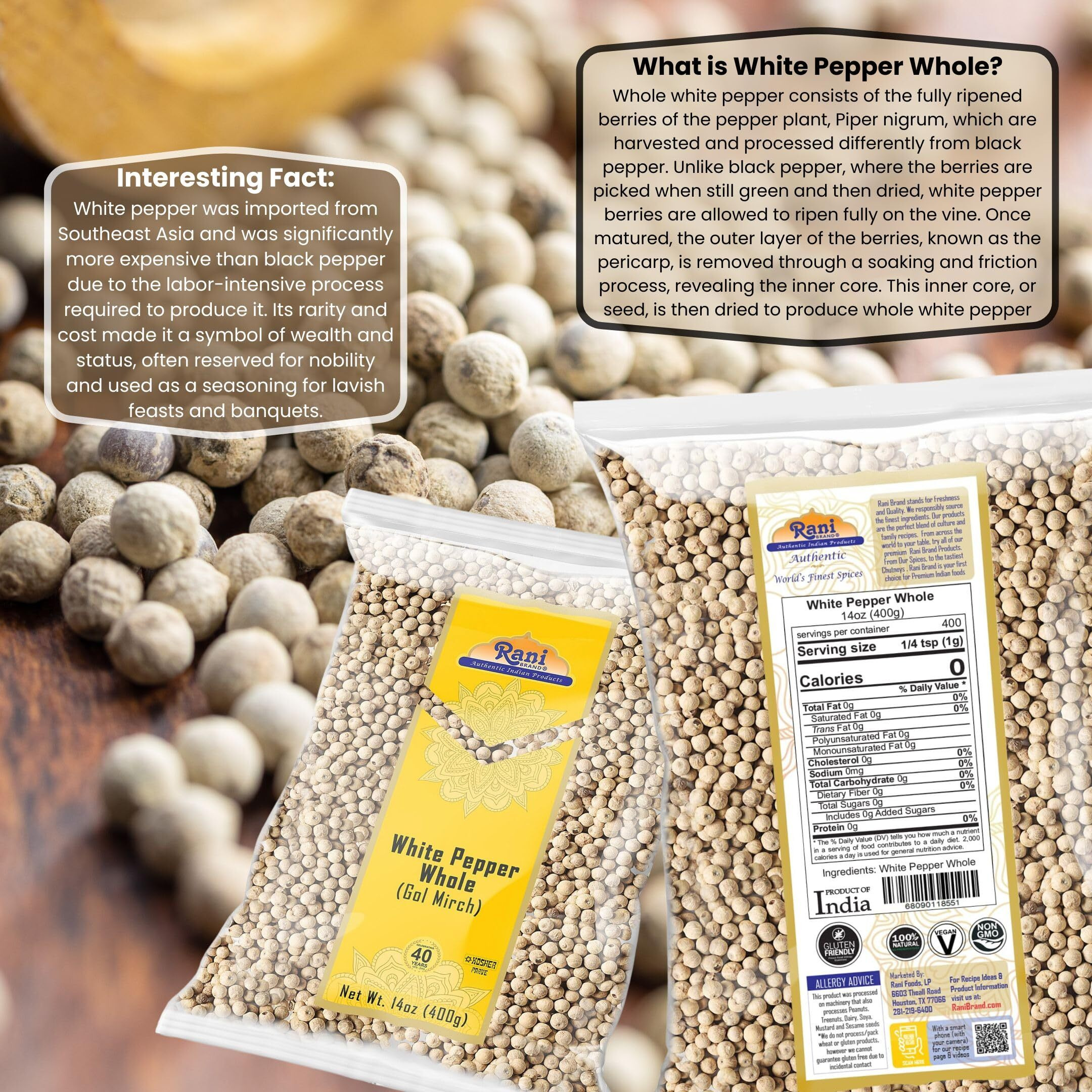 Rani White Pepper (Gol Mirch), Whole Spice 14oz (400g) ~ All Natural, Vegan, Gluten Friendly, NON-GMO, Kosher, Indian Origin (Size 14oz (400g))