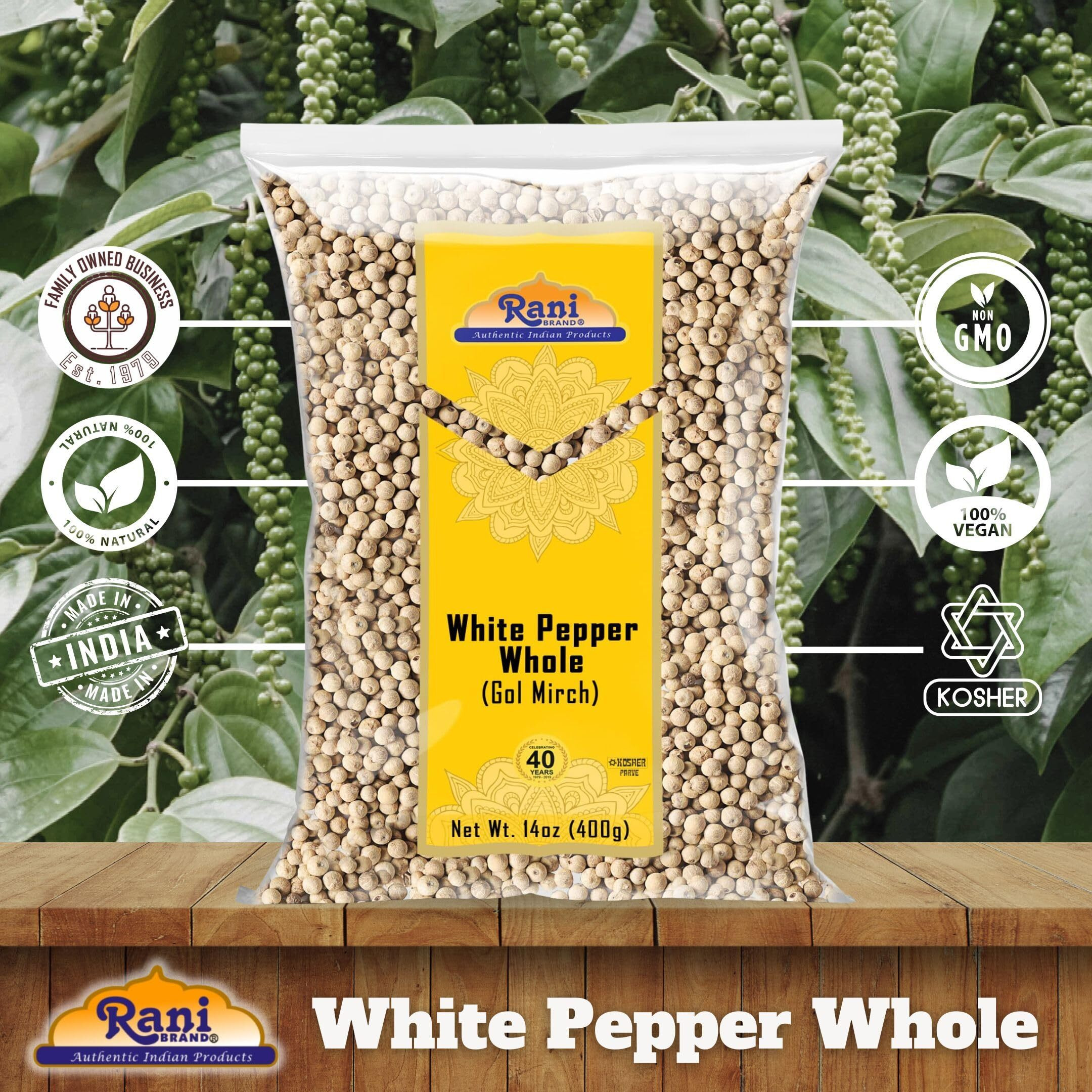 Rani White Pepper (Gol Mirch), Whole Spice 14oz (400g) ~ All Natural, Vegan, Gluten Friendly, NON-GMO, Kosher, Indian Origin (Size 14oz (400g))