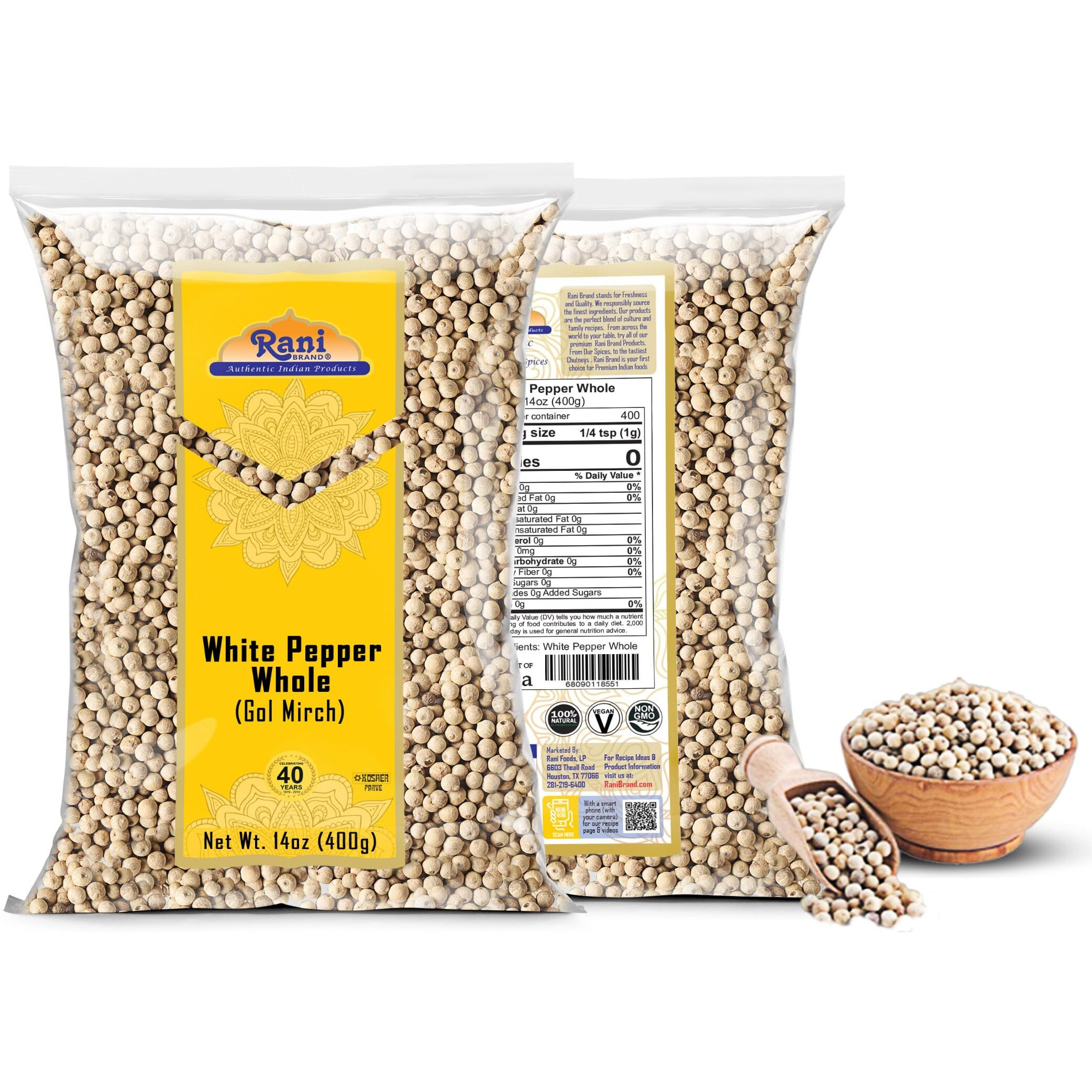 Rani White Pepper (Gol Mirch), Whole Spice 14oz (400g) ~ All Natural, Vegan, Gluten Friendly, NON-GMO, Kosher, Indian Origin (Size 14oz (400g))