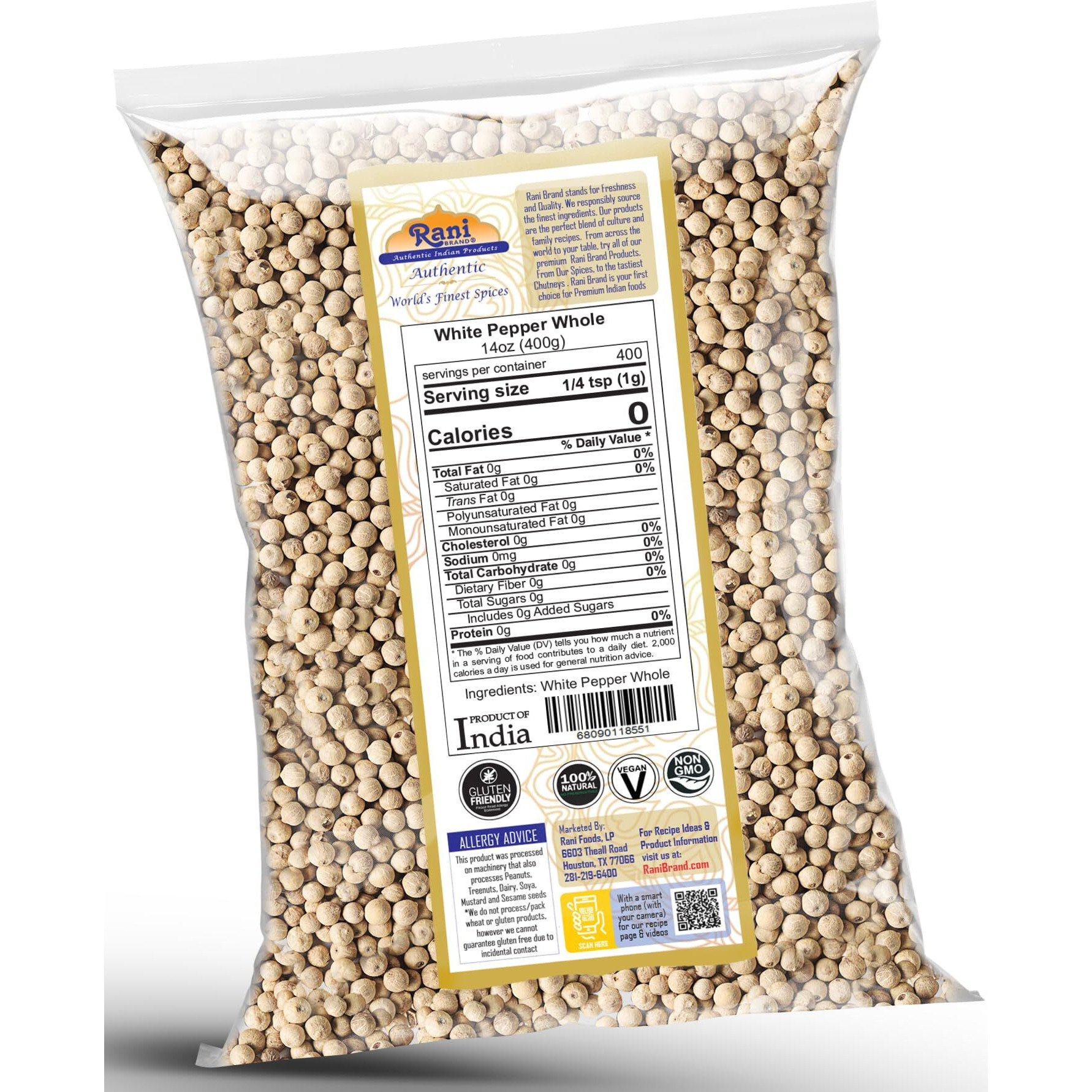 Rani White Pepper (Gol Mirch), Whole Spice 14oz (400g) ~ All Natural, Vegan, Gluten Friendly, NON-GMO, Kosher, Indian Origin (Size 14oz (400g))