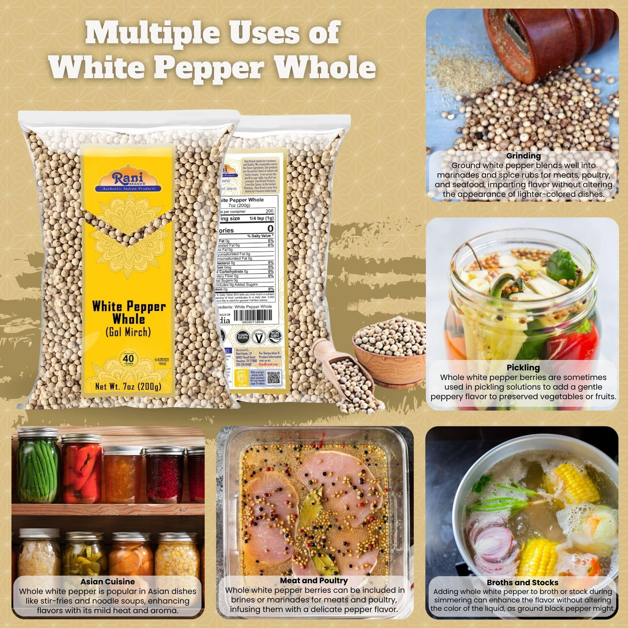 Rani White Pepper (Gol Mirch), Whole Spice 7oz (200g) ~ All Natural, Vegan, Gluten Friendly, NON-GMO, Indian Origin (Size 7oz (200g))