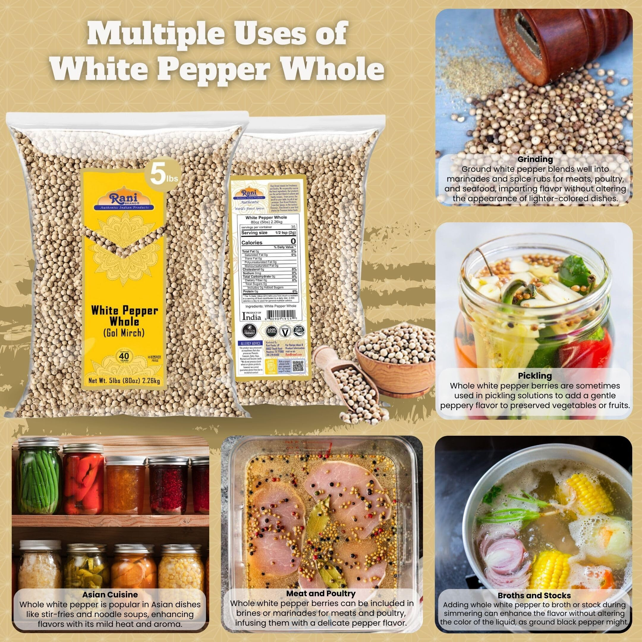 Rani White Pepper (Gol Mirch), Whole Spice 80oz (5lbs) 2.27kg Bulk ~ All Natural, Vegan, Gluten Friendly| NON-GMO, Indian Origin (Size 80oz (5lbs) 2.27kg)