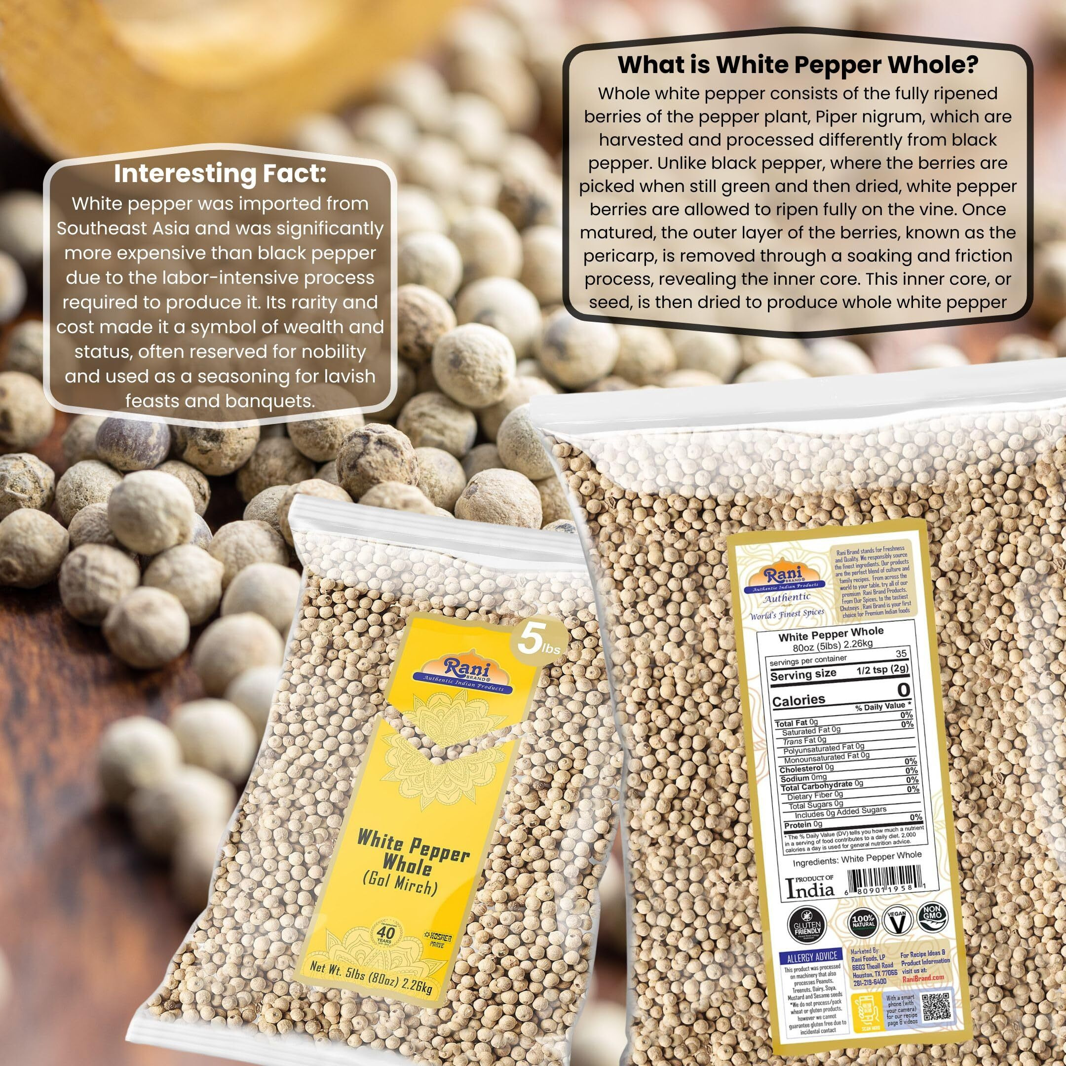 Rani White Pepper (Gol Mirch), Whole Spice 80oz (5lbs) 2.27kg Bulk ~ All Natural, Vegan, Gluten Friendly| NON-GMO, Indian Origin (Size 80oz (5lbs) 2.27kg)