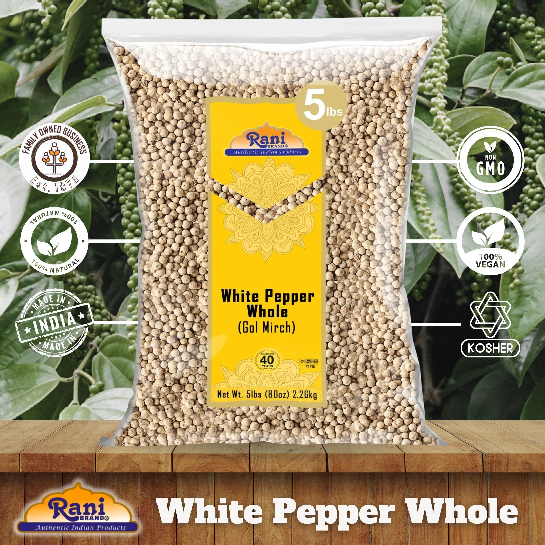 Rani White Pepper (Gol Mirch), Whole Spice 80oz (5lbs) 2.27kg Bulk ~ All Natural, Vegan, Gluten Friendly| NON-GMO, Indian Origin (Size 80oz (5lbs) 2.27kg)