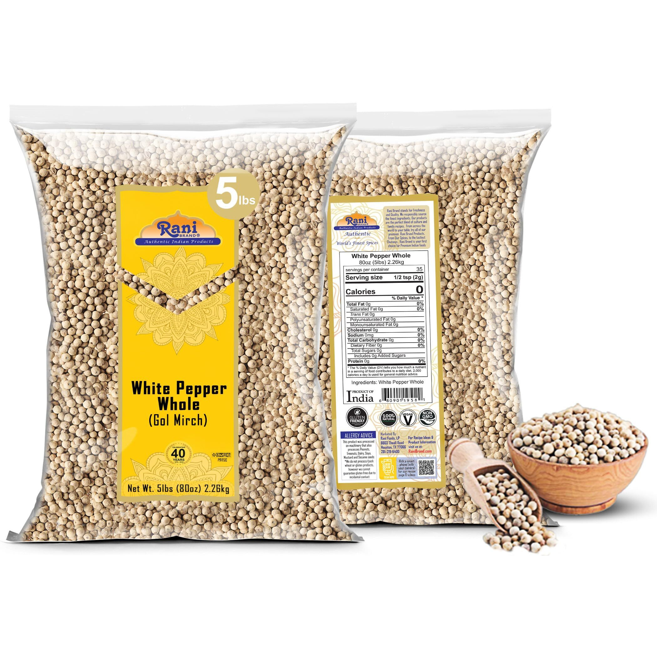 Rani White Pepper (Gol Mirch), Whole Spice 80oz (5lbs) 2.27kg Bulk ~ All Natural, Vegan, Gluten Friendly| NON-GMO, Indian Origin (Size 80oz (5lbs) 2.27kg)