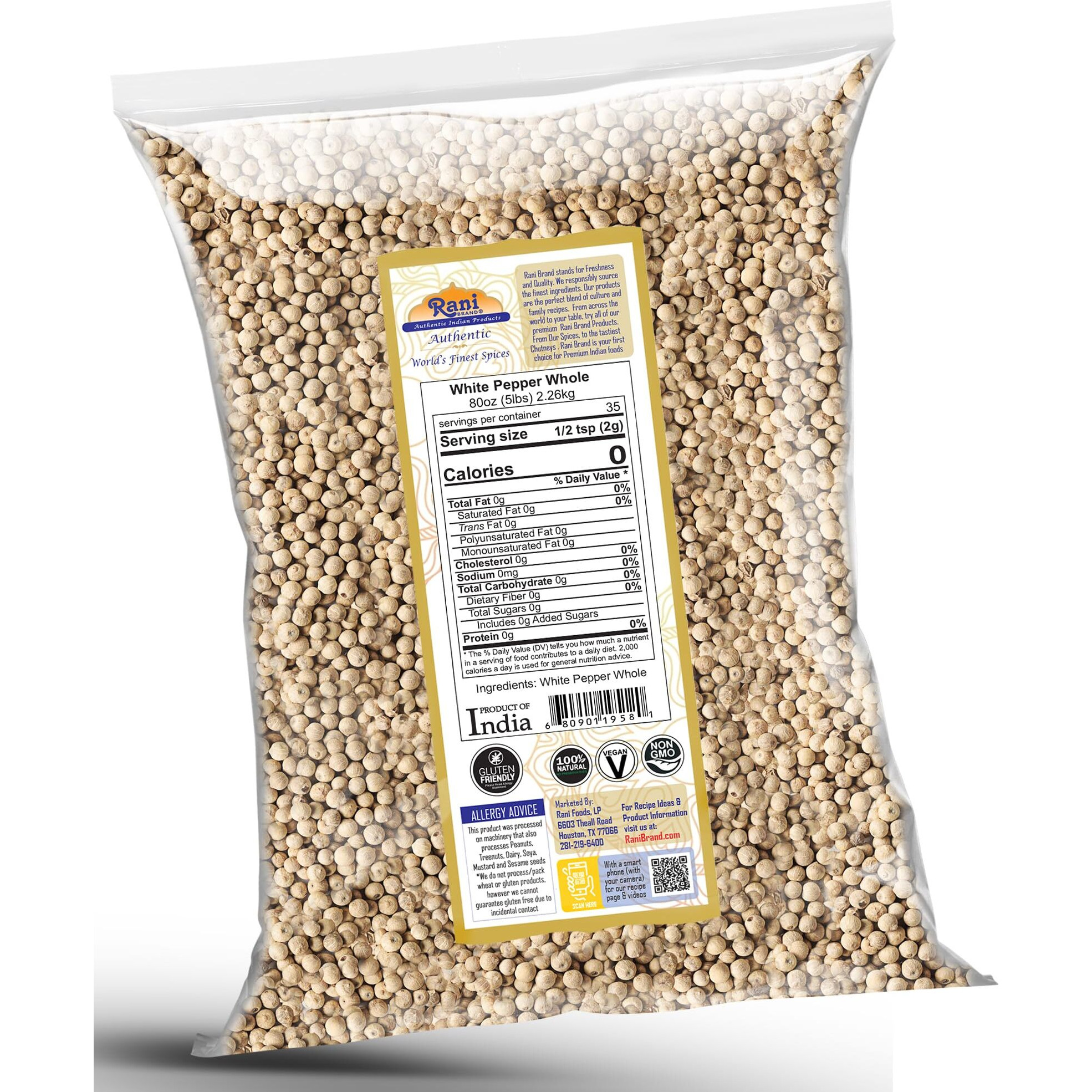 Rani White Pepper (Gol Mirch), Whole Spice 80oz (5lbs) 2.27kg Bulk ~ All Natural, Vegan, Gluten Friendly| NON-GMO, Indian Origin (Size 80oz (5lbs) 2.27kg)
