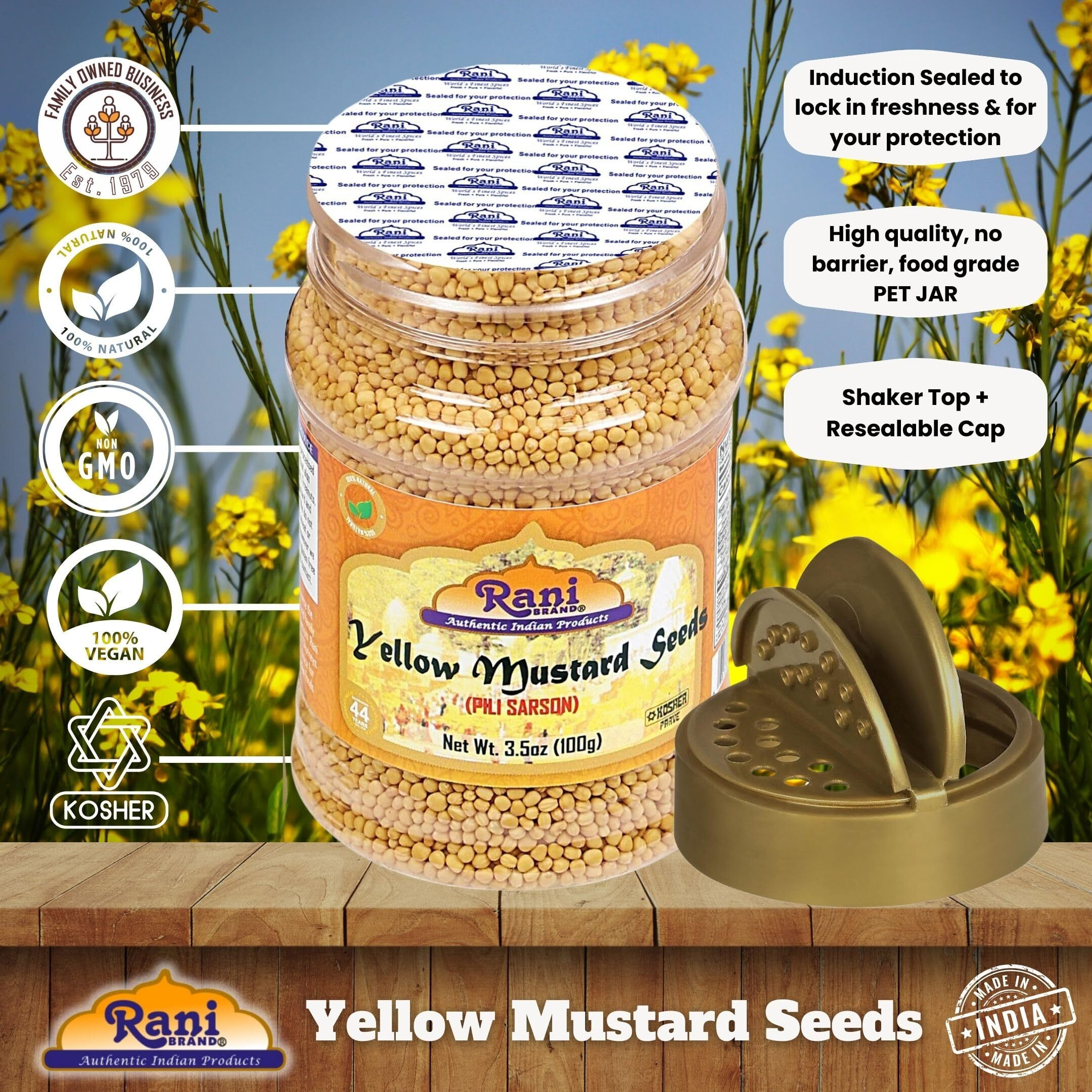 Rani Yellow Mustard Seeds Whole Spice 3.5oz (100g) PET Jar ~ All Natural, Vegan, Gluten Friendly, NON-GMO, Kosher, Indian Origin (Size 3.5oz (100g))