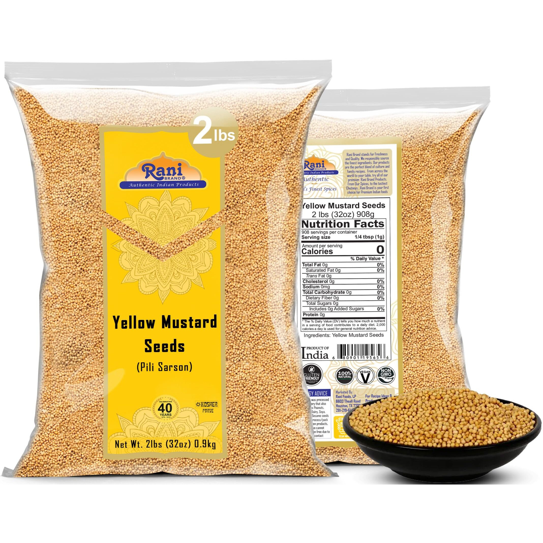 Rani Yellow Mustard Seeds Whole Spice 32oz (2lbs) 908g ~ All Natural, Vegan, Gluten Friendly, NON-GMO, Kosher, Indian Origin (Size 32oz (2lbs) 908g)