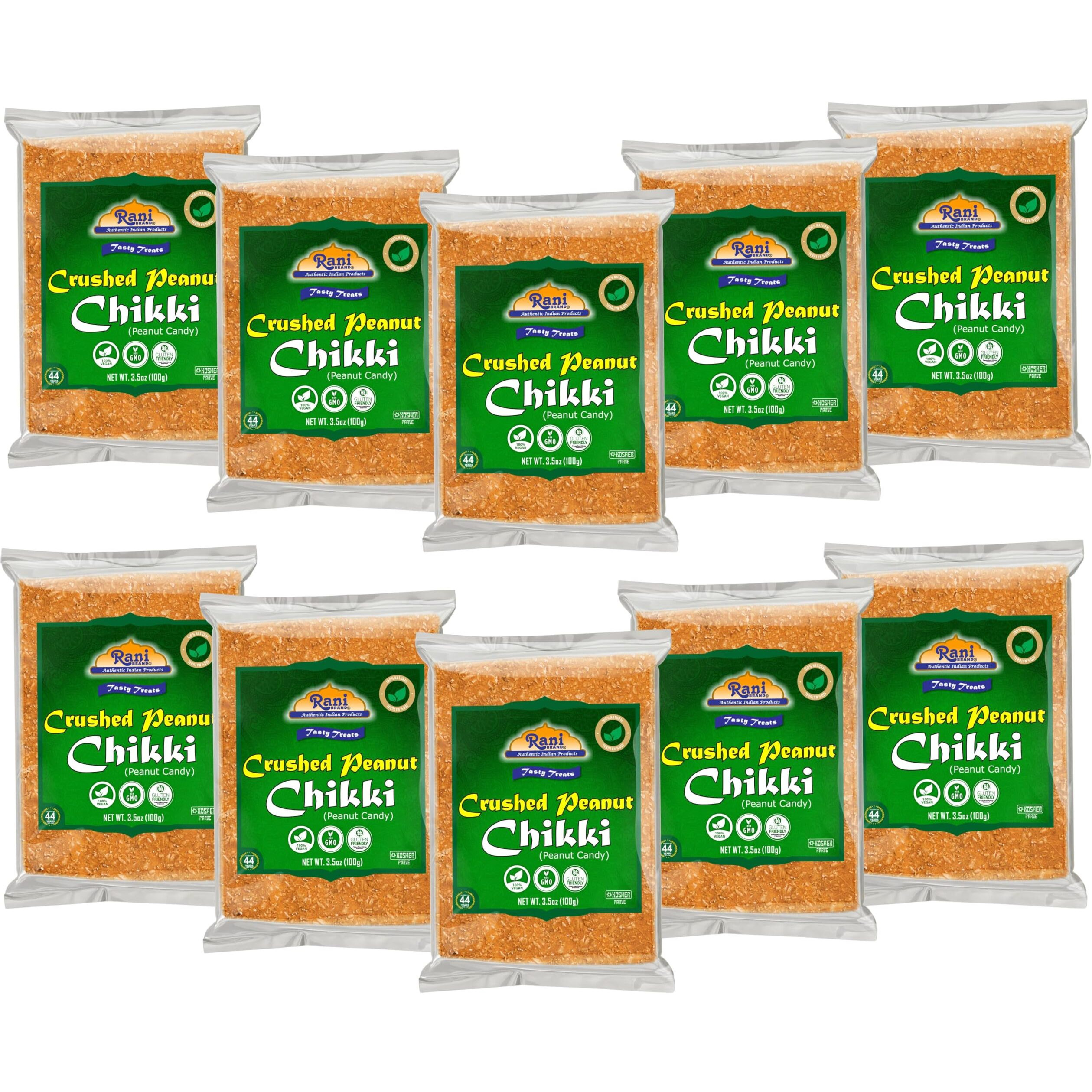 Rani Crushed Peanut Chikki (Brittle Candy) 3.5oz (100g) x Pack of 10 ~ All Natural, Vegan, Kosher, No colors, Gluten Friendly, Indian Origin