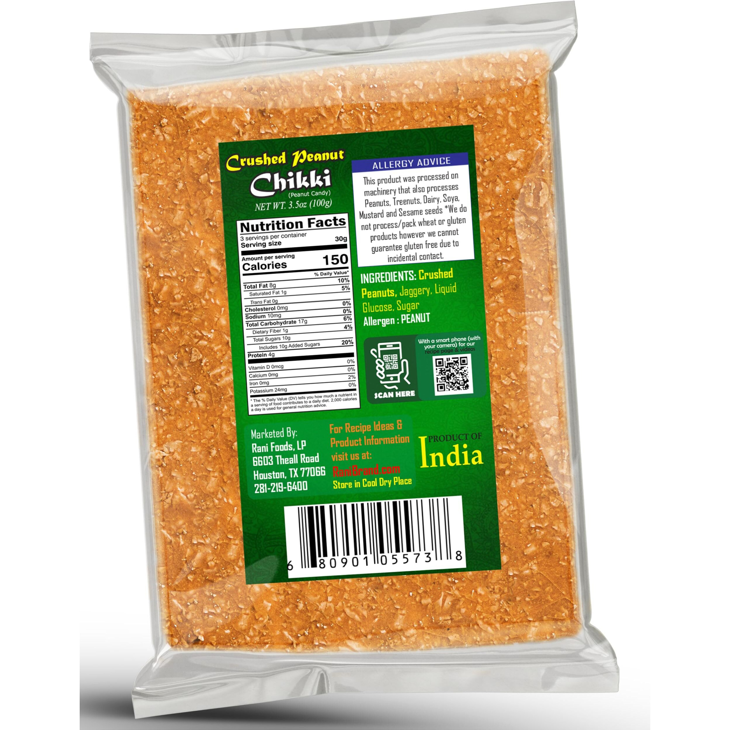 Rani Crushed Peanut Chikki (Brittle Candy) 3.5oz (100g) x Pack of 10 ~ All Natural, Vegan, Kosher, No colors, Gluten Friendly, Indian Origin