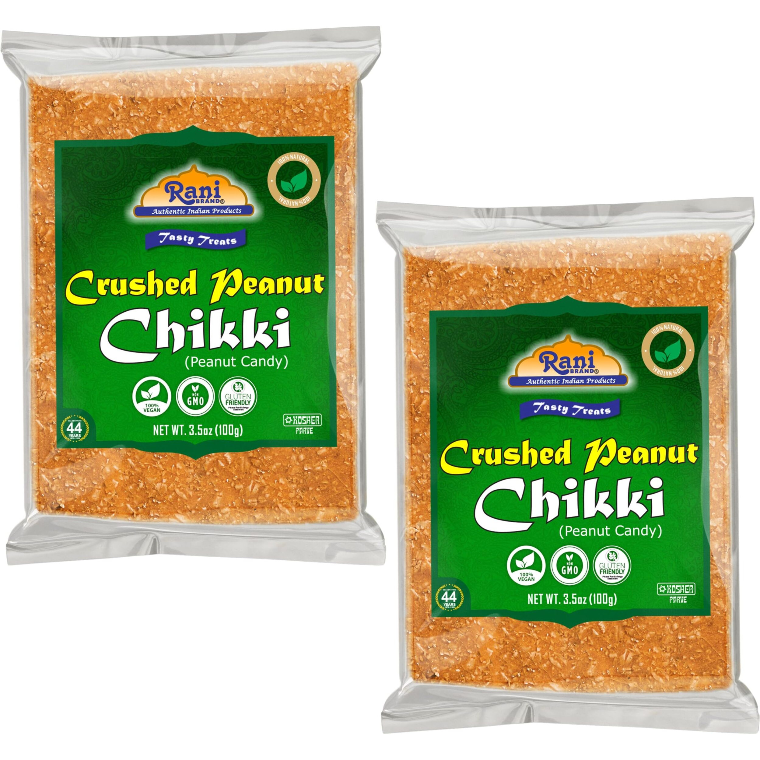 Rani Crushed Peanut Chikki (Brittle Candy) 3.5oz (100g) x Pack of 2 ~ All Natural, Vegan, Kosher, No colors, Gluten Friendly, Indian Origin