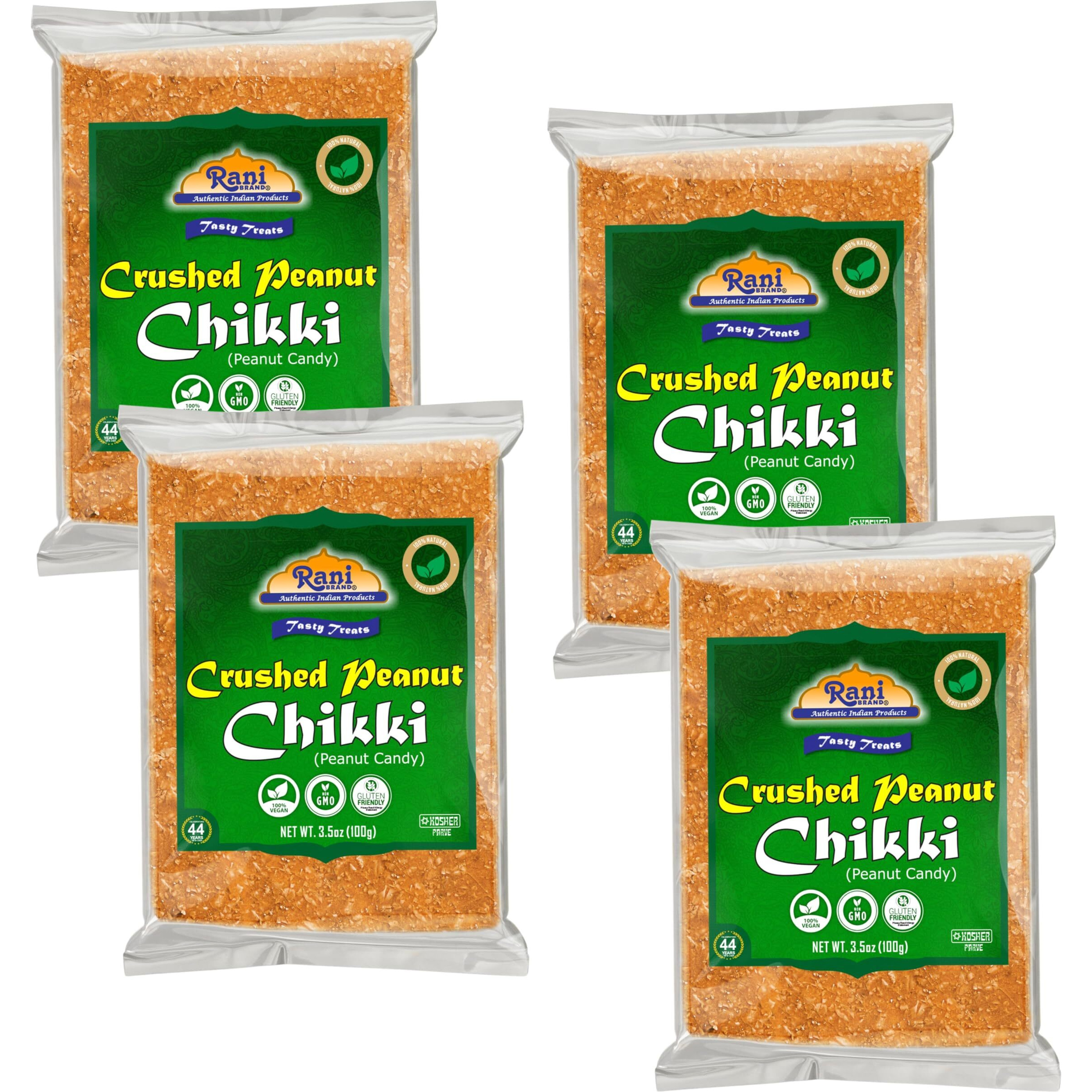 Rani Crushed Peanut Chikki (Brittle Candy) 3.5oz (100g) x Pack of 4 ~ All Natural, Vegan, No colors, Gluten Friendly, Indian Origin