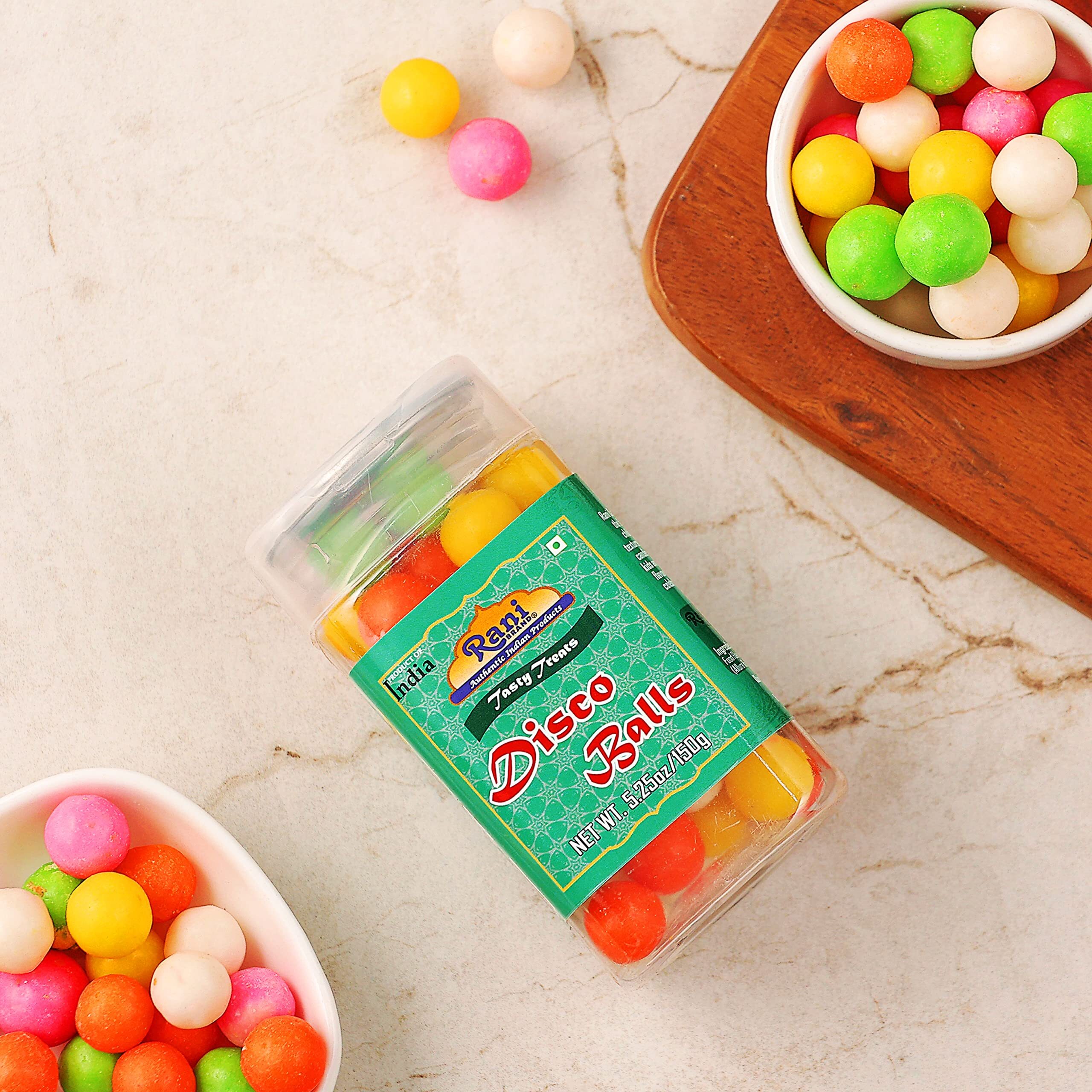 Rani Disco Balls 5.25oz (150g) Vacuum Sealed, Easy Open Top, Resealable Container ~ Indian Tasty Treats, Vegan, Gluten Friendly, NON-GMO, Indian Origin