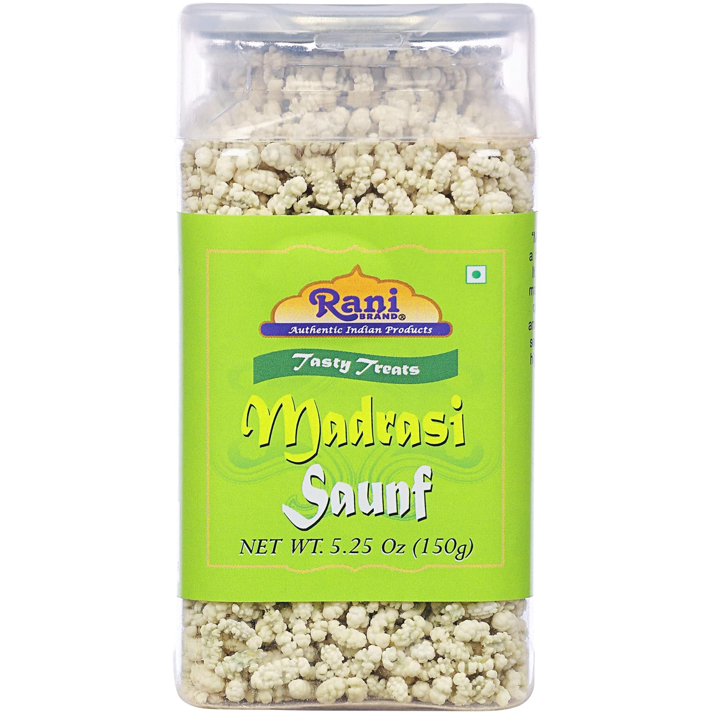 Rani Madrasi Saunf 5.25oz (150g) Vacuum Sealed, Easy Open Top, Resealable Container ~ Indian Tasty Treats, Vegan, Gluten Friendly, NON-GMO, Indian Origin