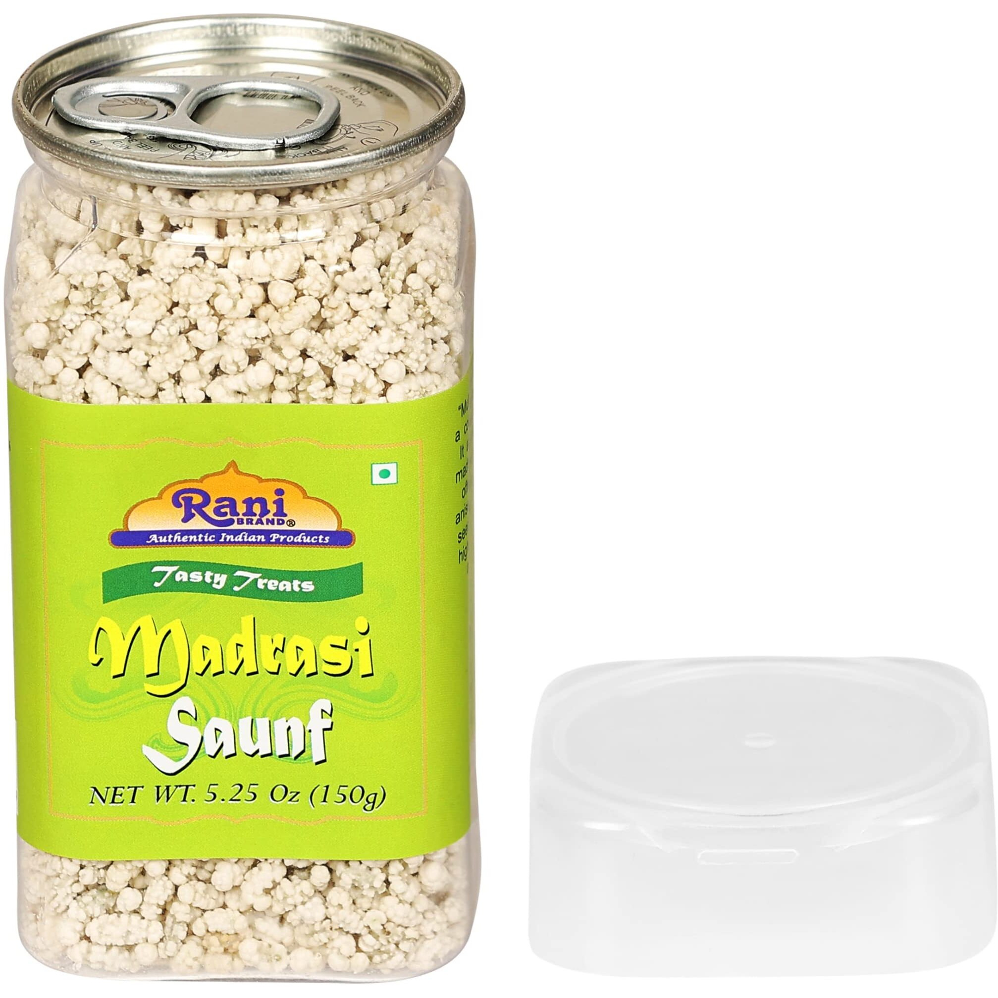 Rani Madrasi Saunf 5.25oz (150g) Vacuum Sealed, Easy Open Top, Resealable Container ~ Indian Tasty Treats, Vegan, Gluten Friendly, NON-GMO, Indian Origin