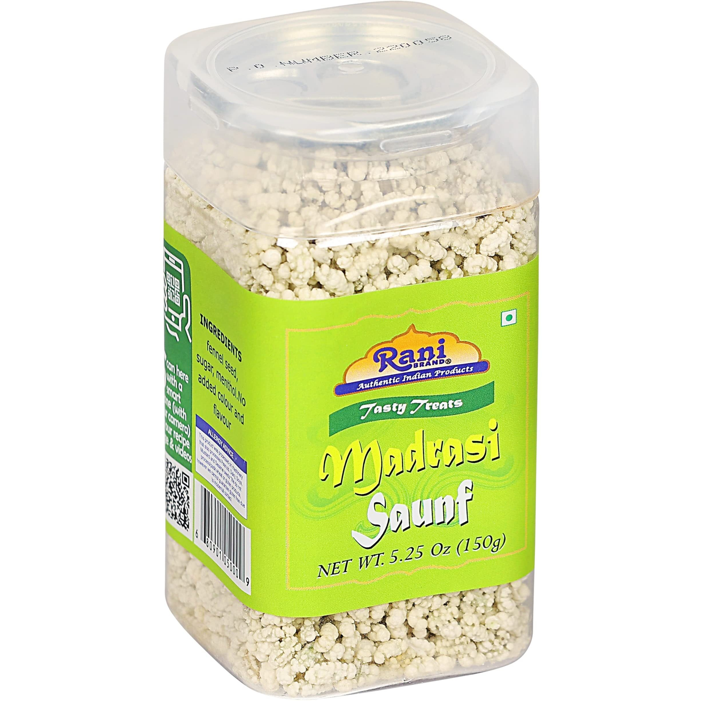 Rani Madrasi Saunf 5.25oz (150g) Vacuum Sealed, Easy Open Top, Resealable Container ~ Indian Tasty Treats, Vegan, Gluten Friendly, NON-GMO, Indian Origin