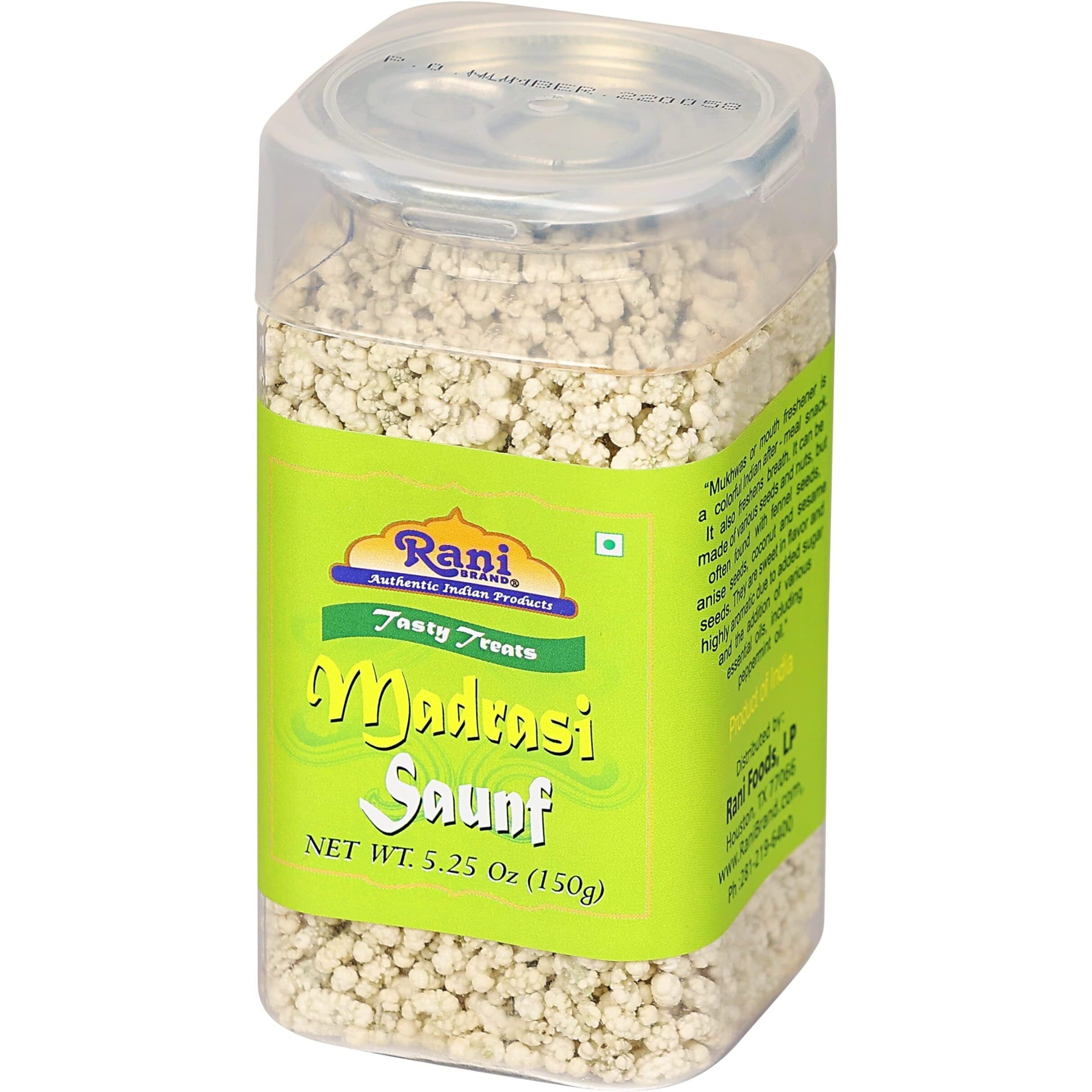Rani Madrasi Saunf 5.25oz (150g) Vacuum Sealed, Easy Open Top, Resealable Container ~ Indian Tasty Treats, Vegan, Gluten Friendly, NON-GMO, Indian Origin
