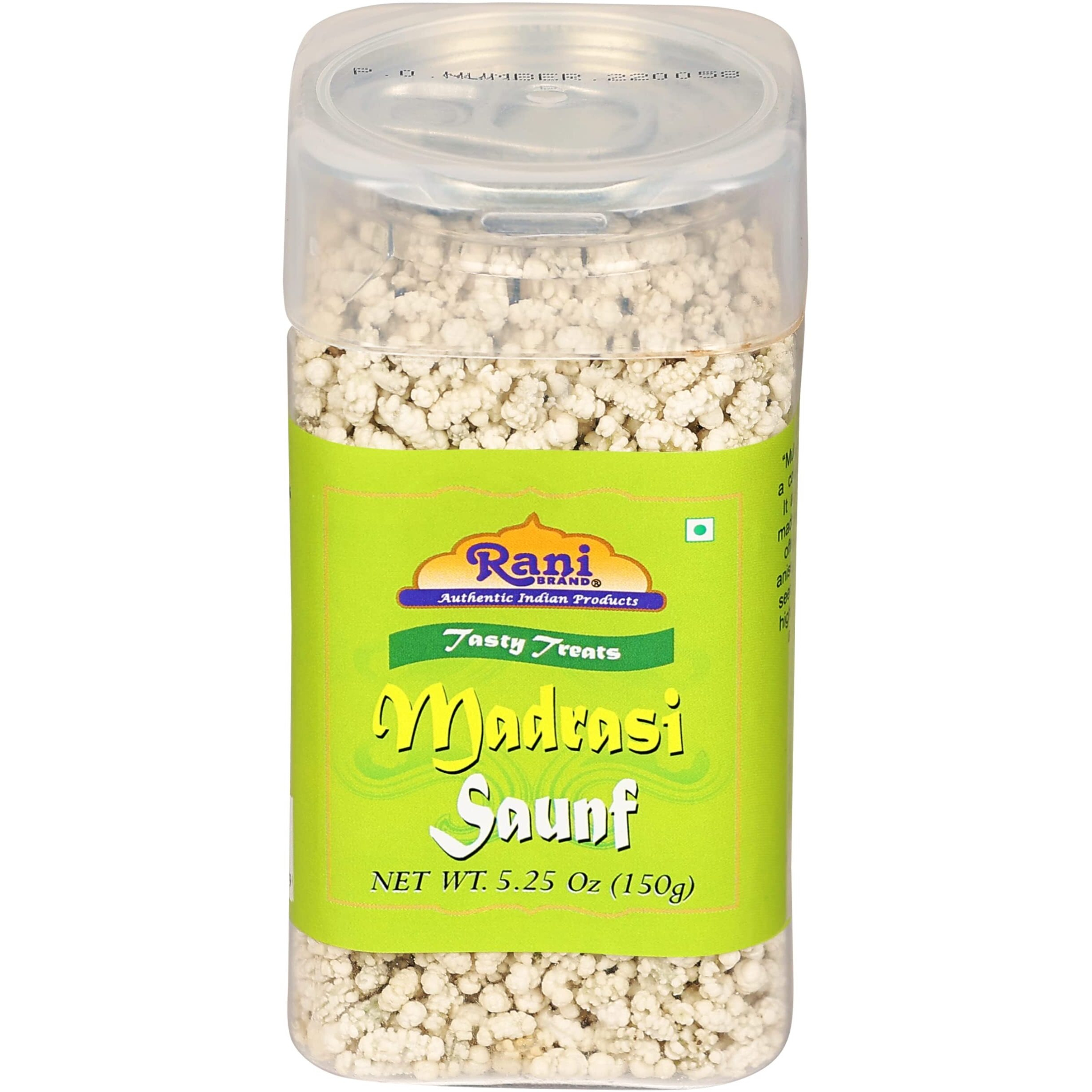 Rani Madrasi Saunf 5.25oz (150g) Vacuum Sealed, Easy Open Top, Resealable Container ~ Indian Tasty Treats, Vegan, Gluten Friendly, NON-GMO, Indian Origin