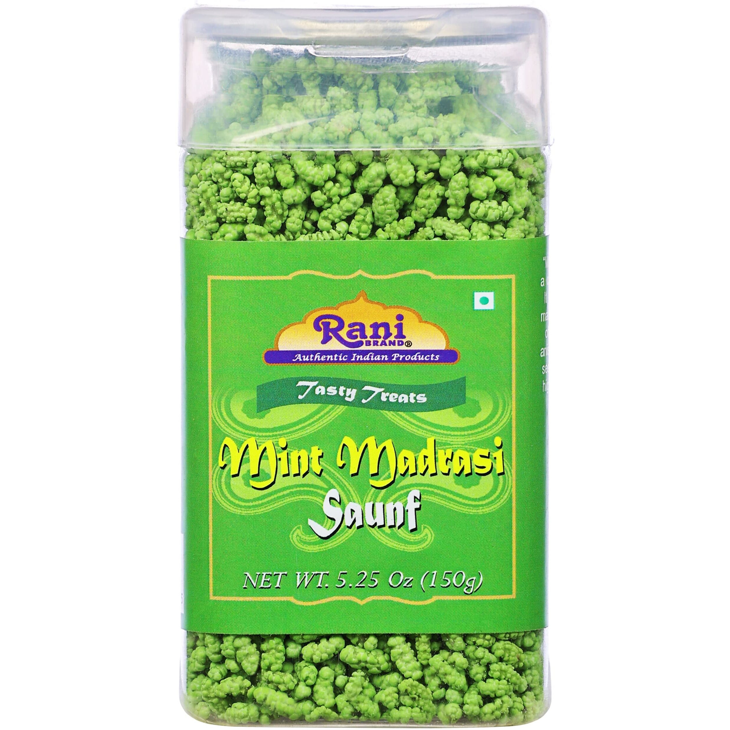 Rani Mint Madrasi Saunf 5.25oz (150g) Vacuum Sealed, Easy Open Top, Resealable Container ~ Indian Tasty Treats, Vegan, Gluten Friendly, NON-GMO, Indian Origin