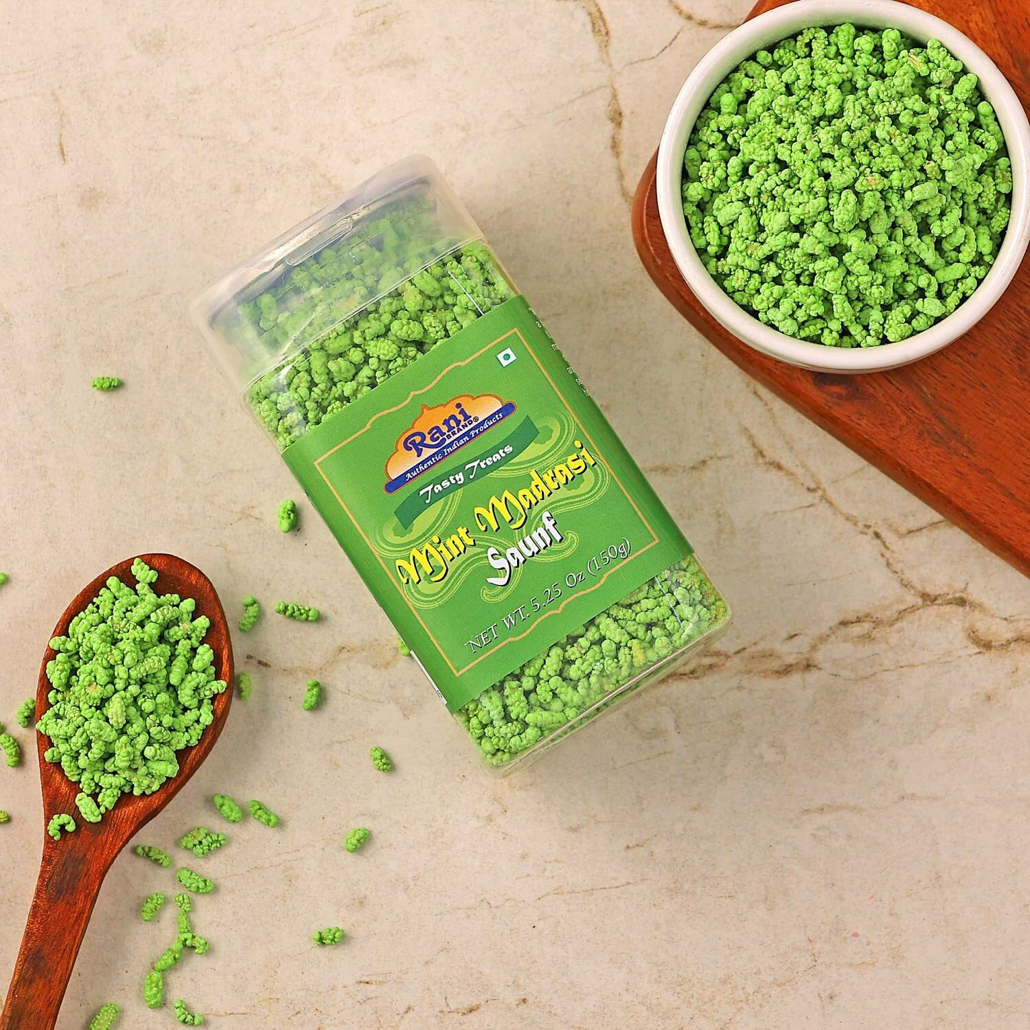 Rani Mint Madrasi Saunf 5.25oz (150g) Vacuum Sealed, Easy Open Top, Resealable Container ~ Indian Tasty Treats, Vegan, Gluten Friendly, NON-GMO, Indian Origin
