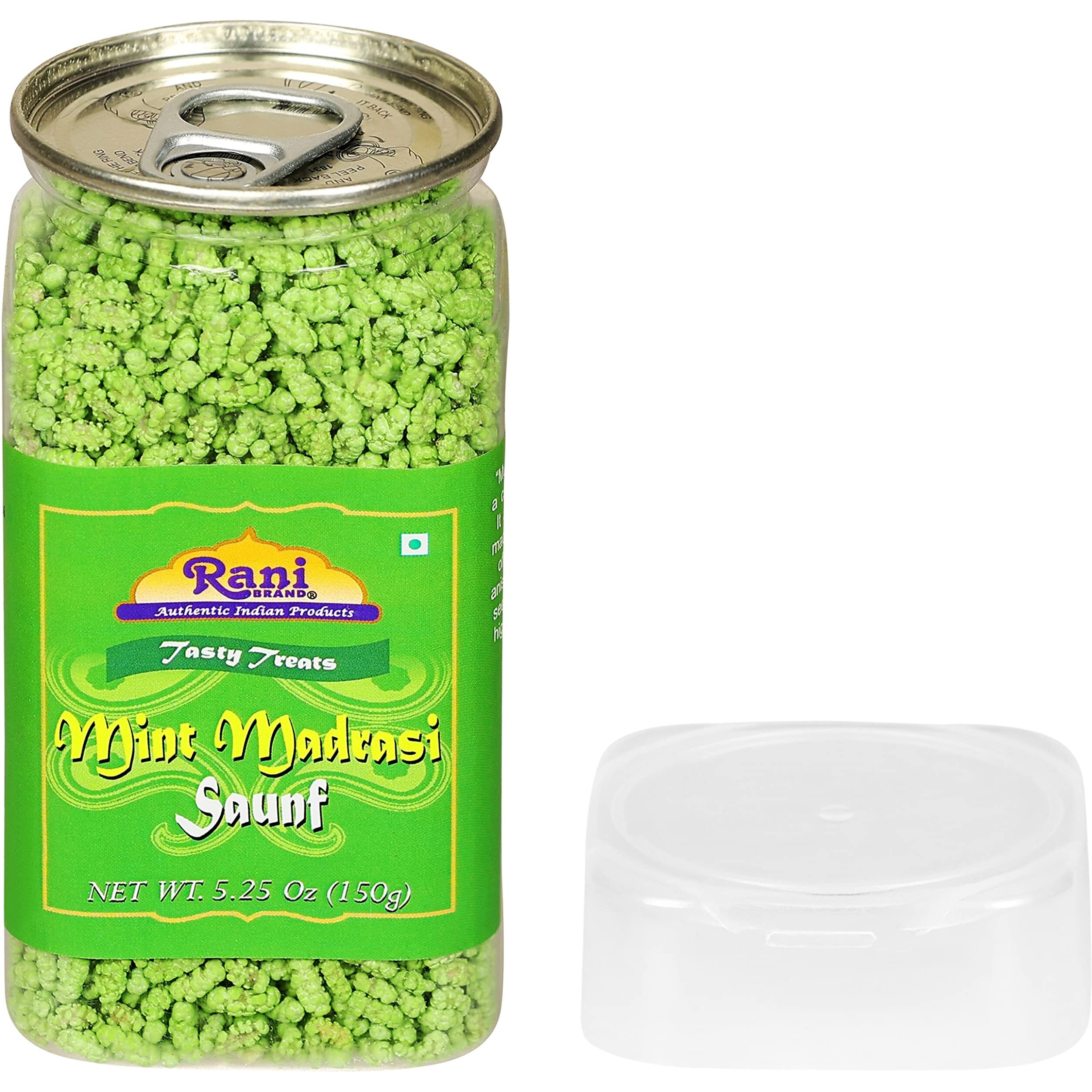 Rani Mint Madrasi Saunf 5.25oz (150g) Vacuum Sealed, Easy Open Top, Resealable Container ~ Indian Tasty Treats, Vegan, Gluten Friendly, NON-GMO, Indian Origin