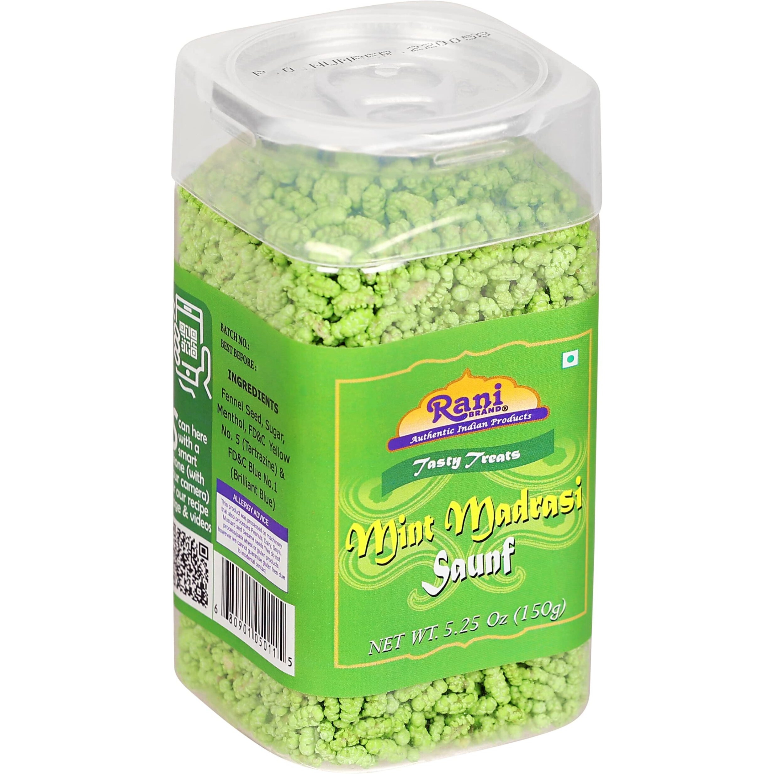 Rani Mint Madrasi Saunf 5.25oz (150g) Vacuum Sealed, Easy Open Top, Resealable Container ~ Indian Tasty Treats, Vegan, Gluten Friendly, NON-GMO, Indian Origin