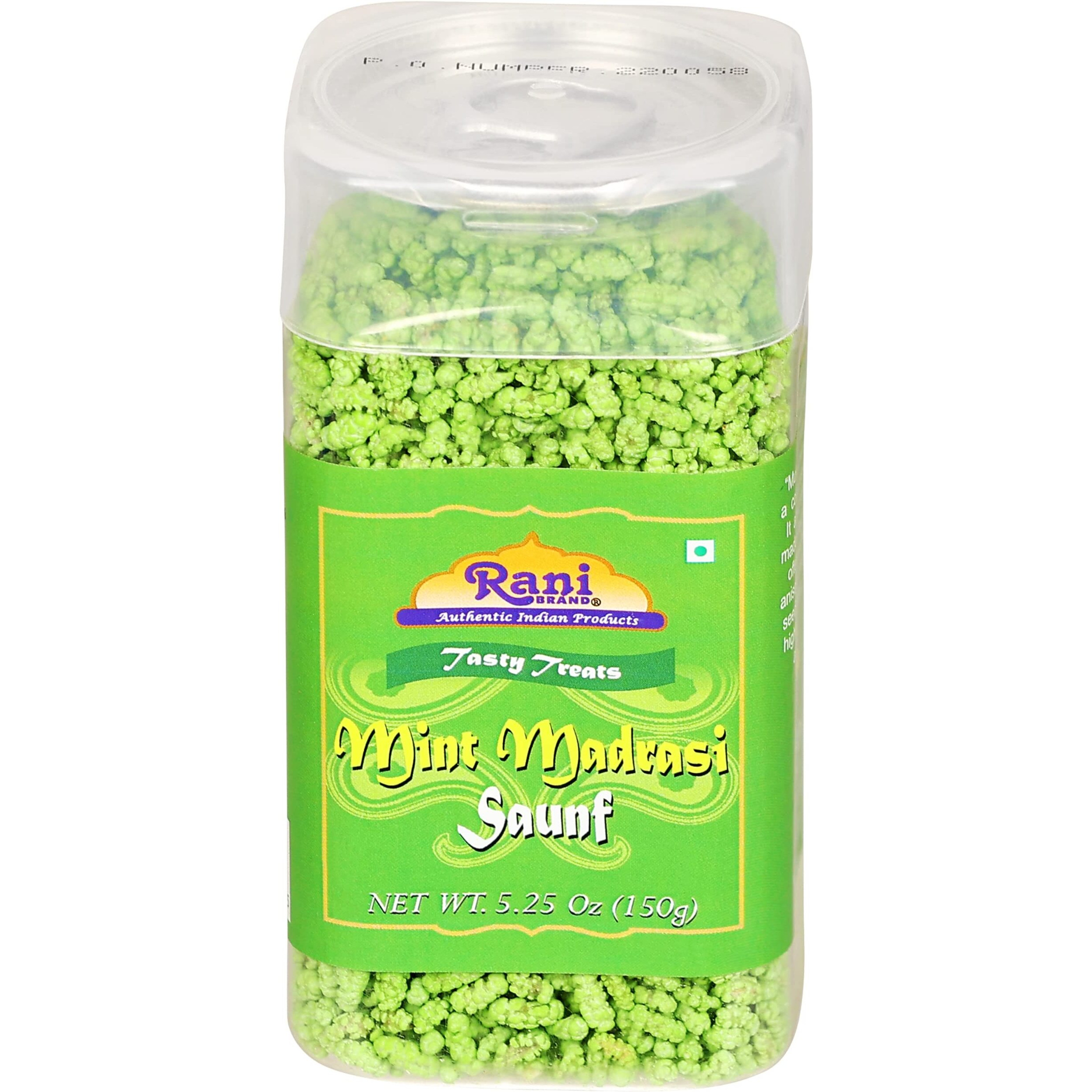 Rani Mint Madrasi Saunf 5.25oz (150g) Vacuum Sealed, Easy Open Top, Resealable Container ~ Indian Tasty Treats, Vegan, Gluten Friendly, NON-GMO, Indian Origin