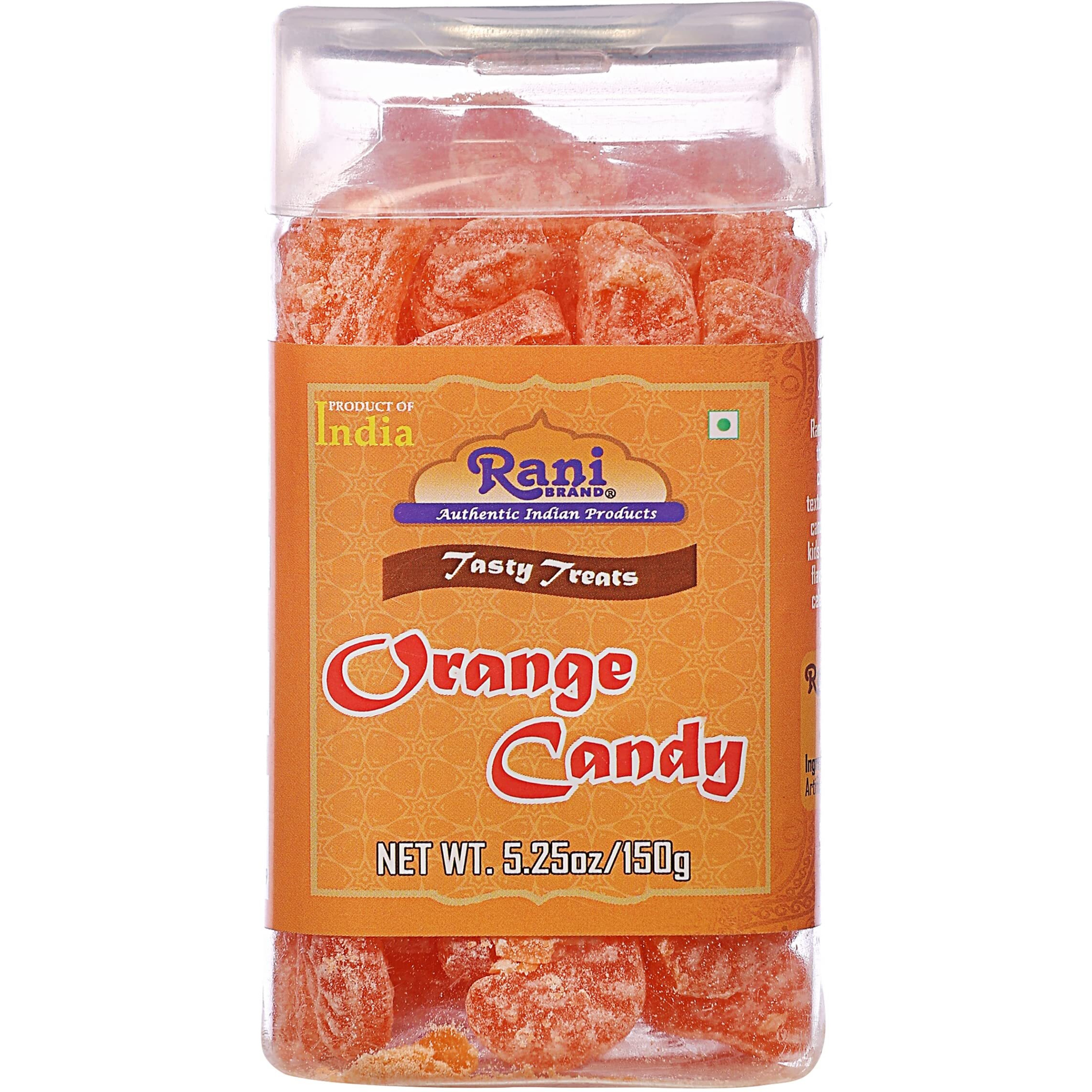 Rani Orange Candy 5.25oz (150g) Vacuum Sealed, Easy Open Top, Resealable Container ~ Indian Tasty Treats, Vegan, Gluten Friendly, NON-GMO, Indian Origin