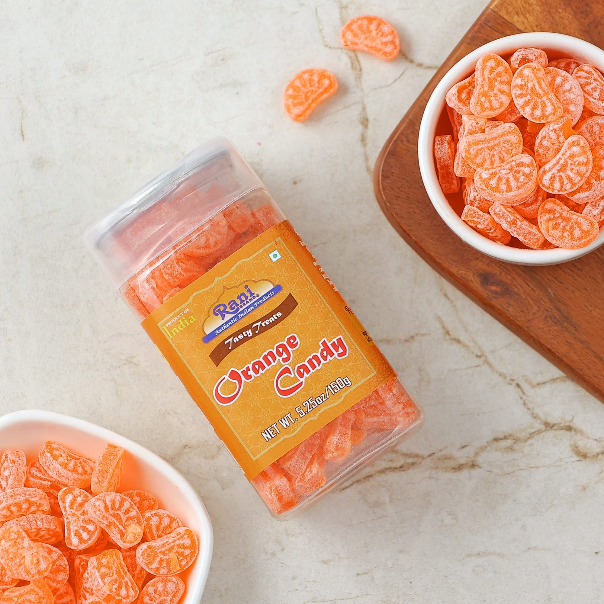 Rani Orange Candy 5.25oz (150g) Vacuum Sealed, Easy Open Top, Resealable Container ~ Indian Tasty Treats, Vegan, Gluten Friendly, NON-GMO, Indian Origin