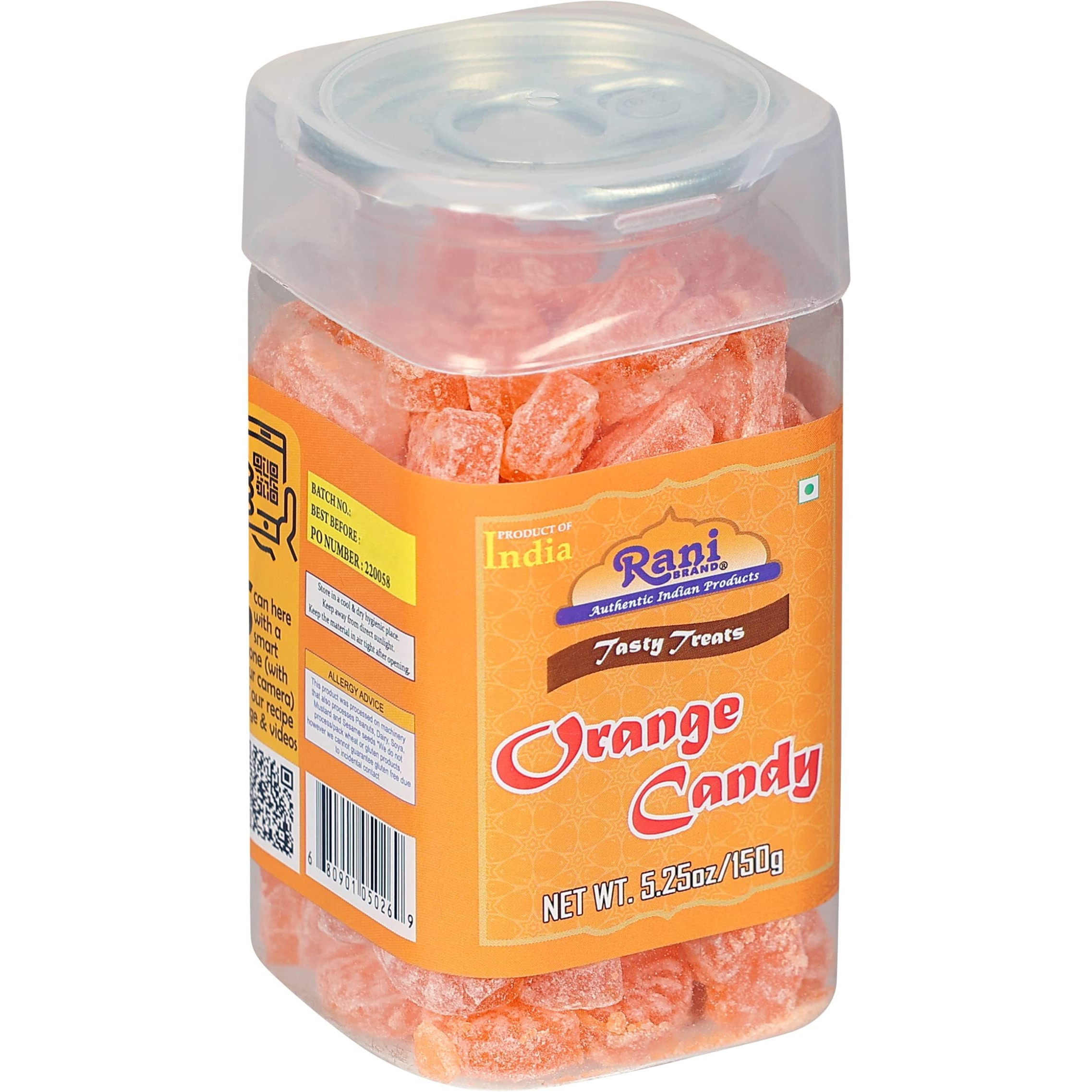 Rani Orange Candy 5.25oz (150g) Vacuum Sealed, Easy Open Top, Resealable Container ~ Indian Tasty Treats, Vegan, Gluten Friendly, NON-GMO, Indian Origin
