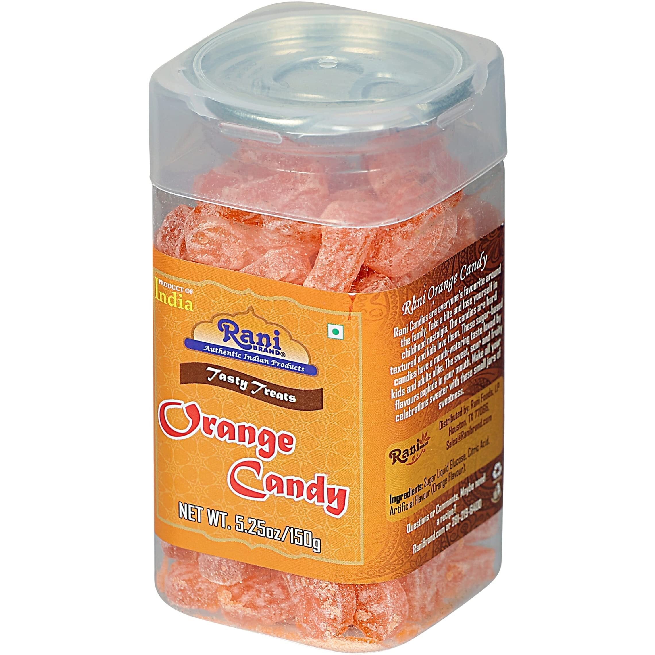 Rani Orange Candy 5.25oz (150g) Vacuum Sealed, Easy Open Top, Resealable Container ~ Indian Tasty Treats, Vegan, Gluten Friendly, NON-GMO, Indian Origin