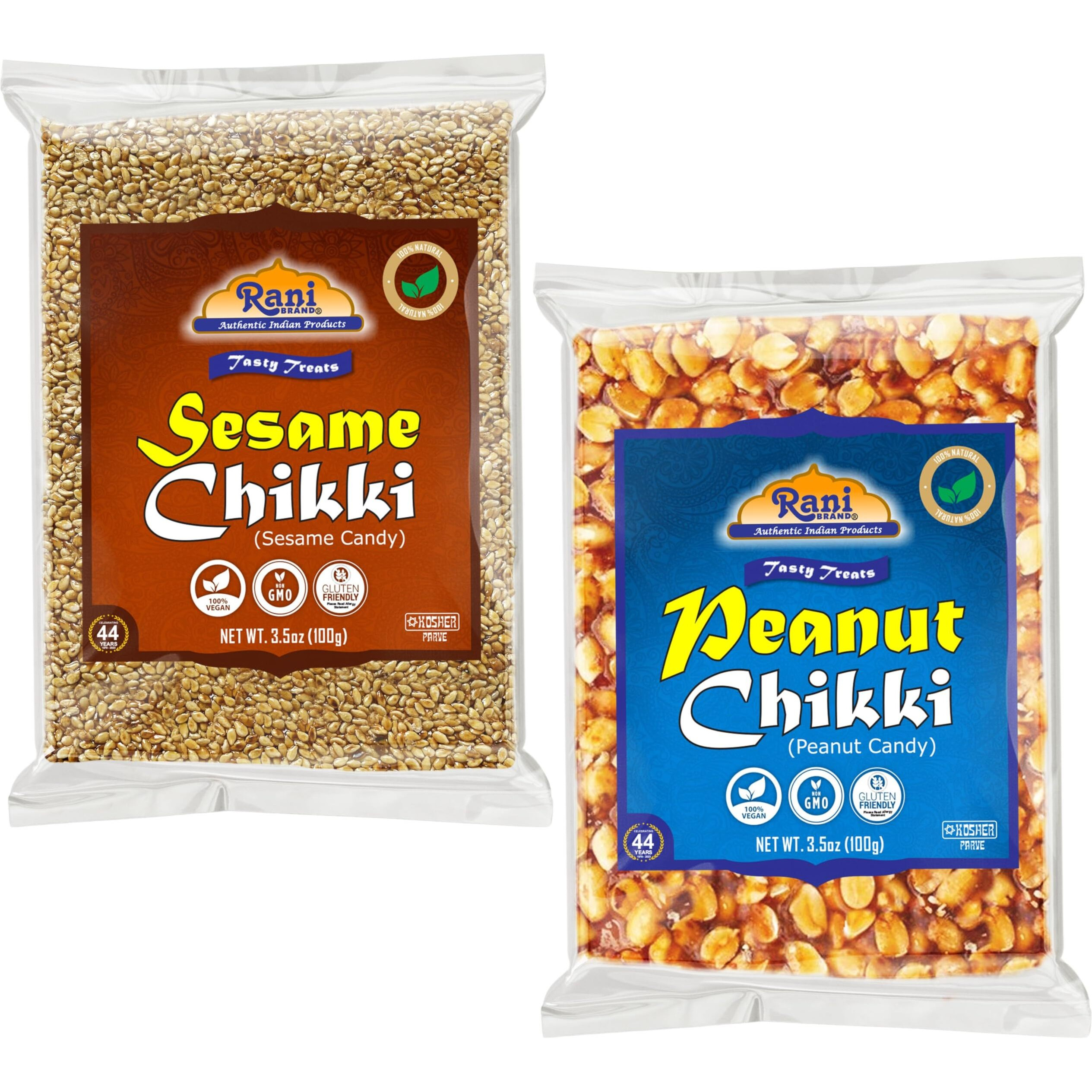 Rani Peanut & Sesame Chikki (Brittle Candy) 100g (3.5oz) x Pack of 2 ~ All Natural, Vegan, Kosher, No colors, Gluten Friendly, Indian Origin