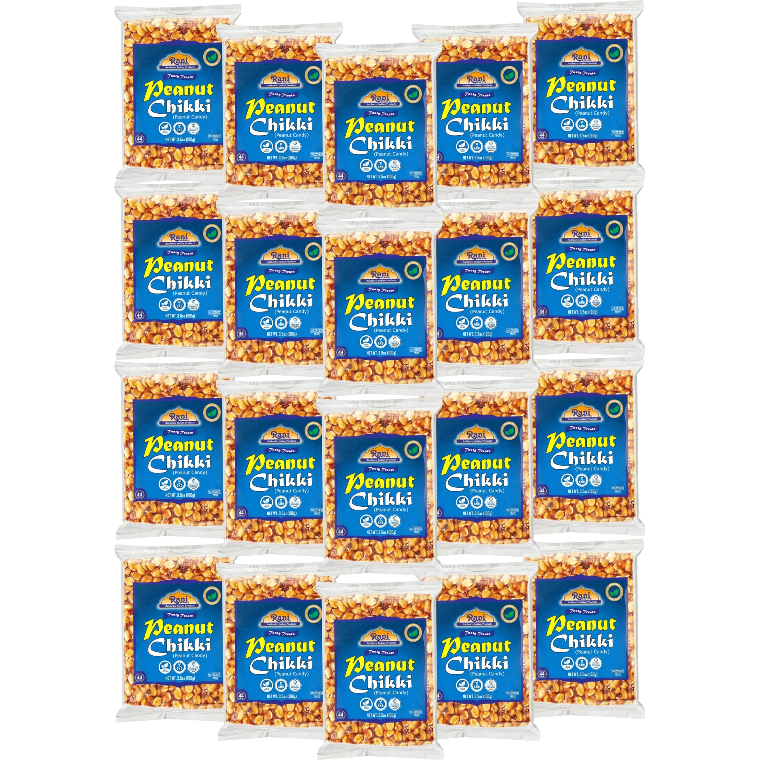 Rani Peanut Chikki (Brittle Candy) 100g (3.5oz) x Pack of 20 ~ All Natural, Vegan, Kosher, No colors, Gluten Friendly, Indian Origin