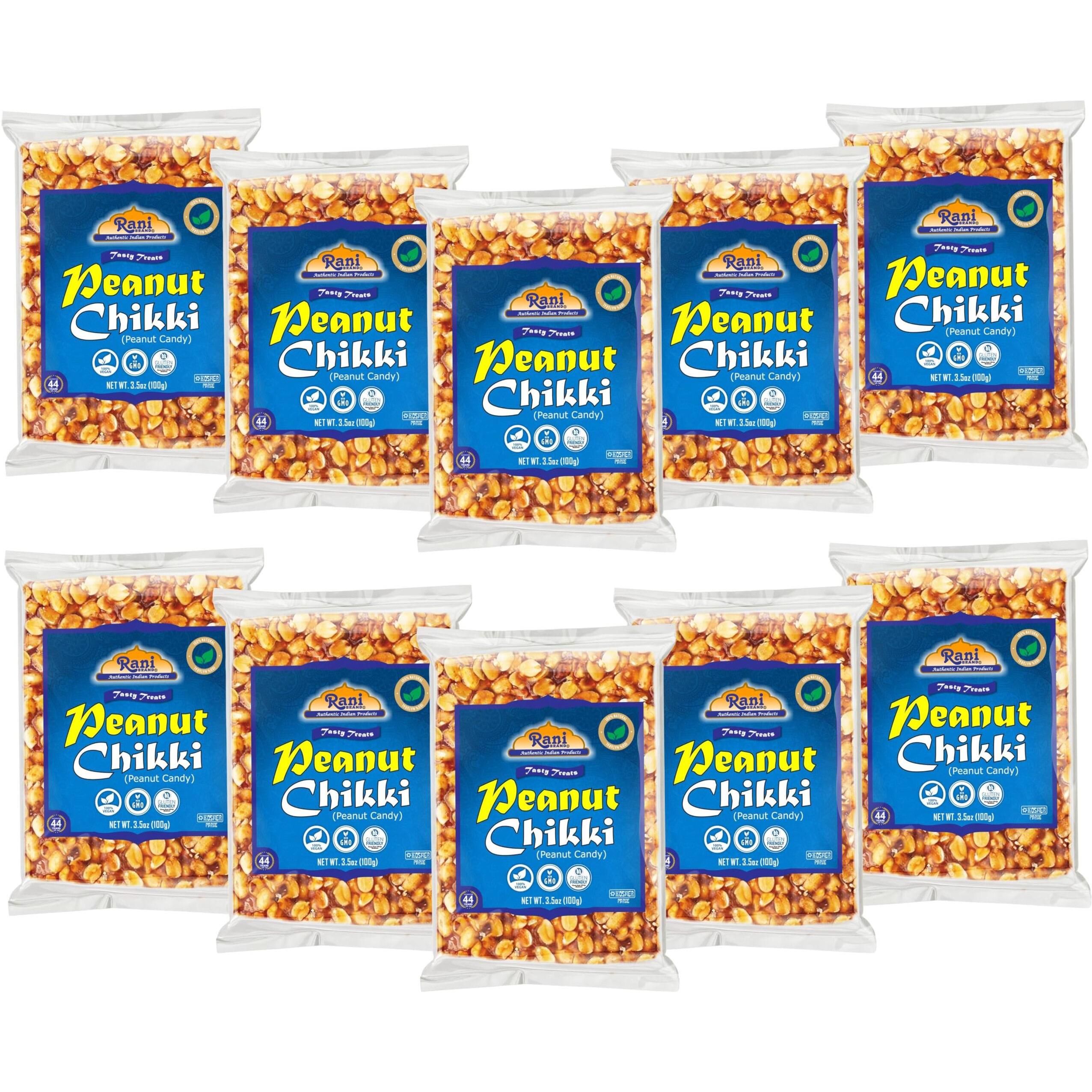 Rani Peanut Chikki (Brittle Candy) 3.5oz (100g) x Pack of 10 ~ All Natural, Vegan, Kosher, No colors, Gluten Friendly, Indian Origin
