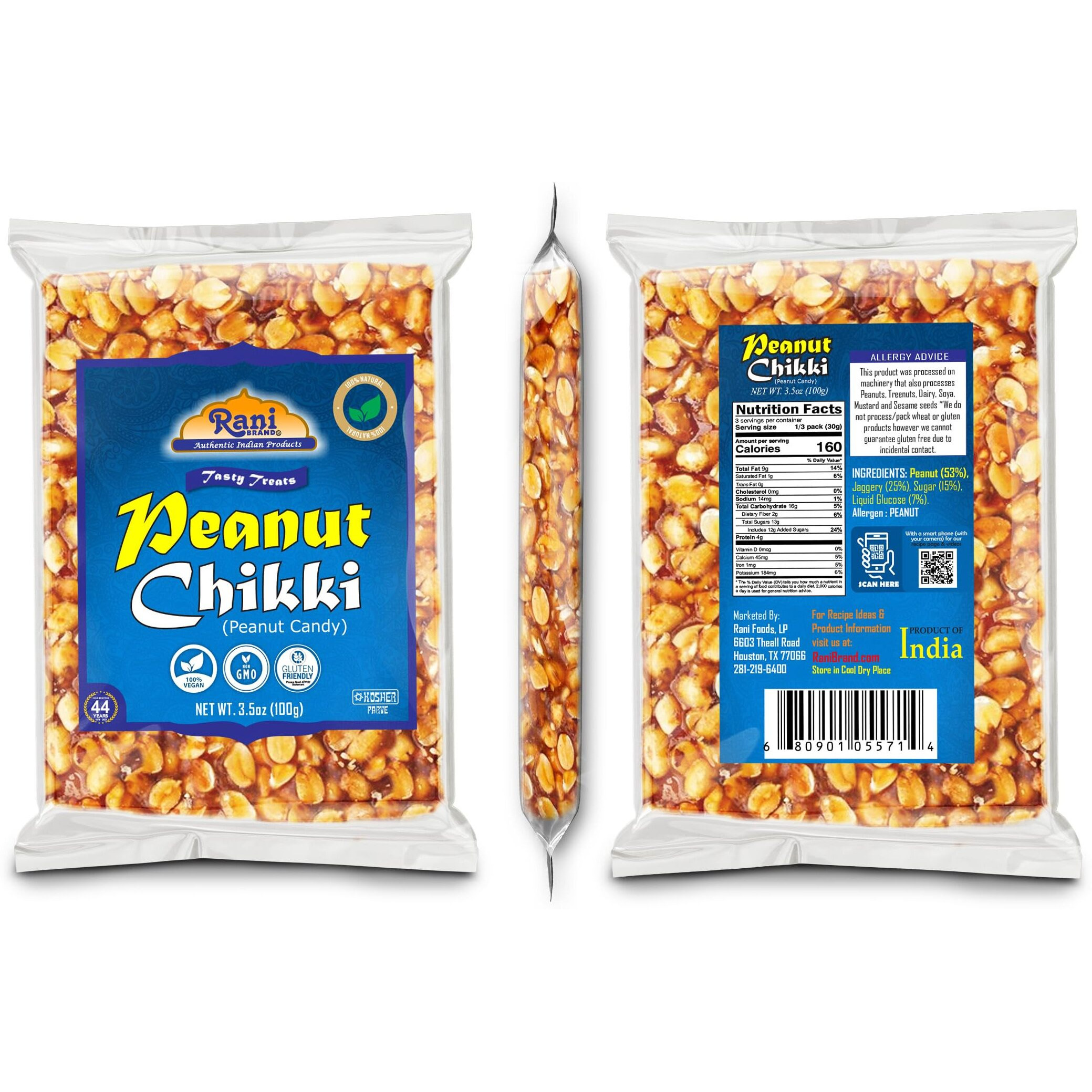 Rani Peanut Chikki (Brittle Candy) 3.5oz (100g) x Pack of 10 ~ All Natural, Vegan, Kosher, No colors, Gluten Friendly, Indian Origin
