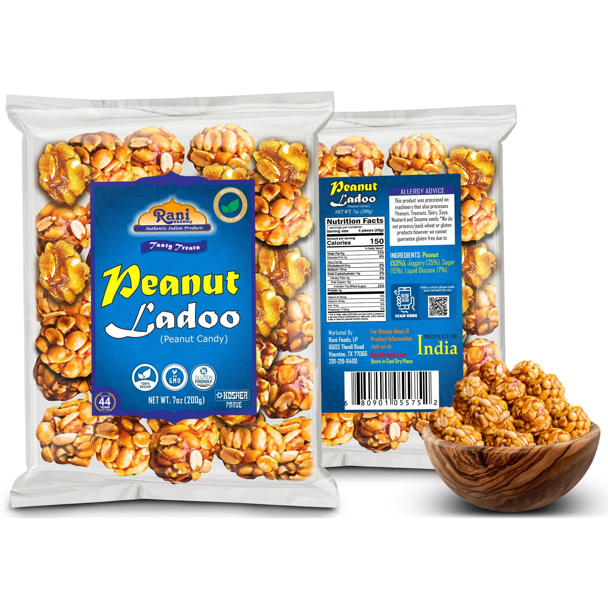 Rani Peanut Ladoo (Round Peanut Brittle Candy) 7oz (200g) x Pack of 4 ~ All Natural, Vegan, No colors, Gluten Friendly, Indian Origin