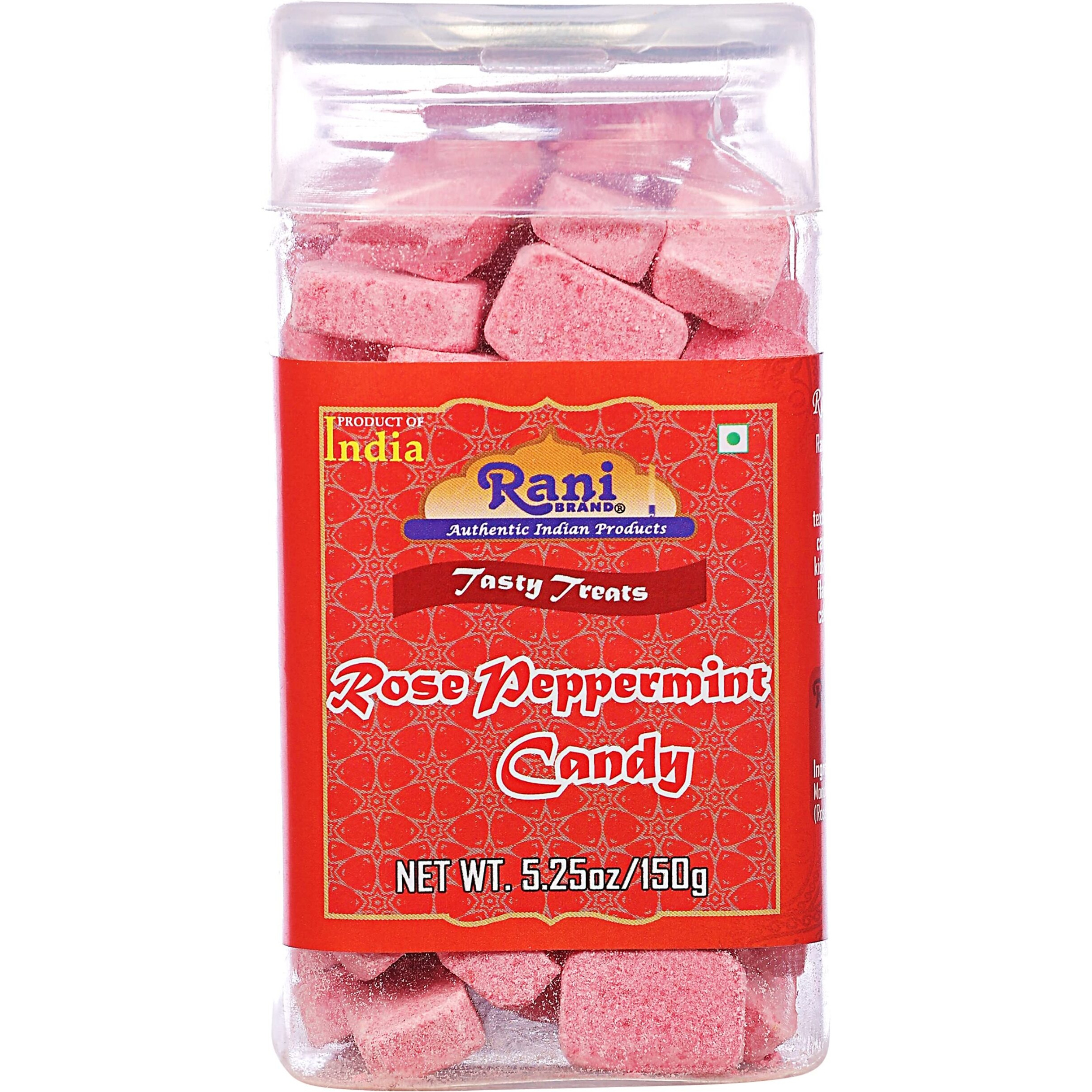 Rani Rose Peppermint Candy 5.25oz (150g) Vacuum Sealed, Easy Open Top, Resealable Container ~ Indian Tasty Treats, Vegan, Gluten Friendly, NON-GMO, Indian Origin