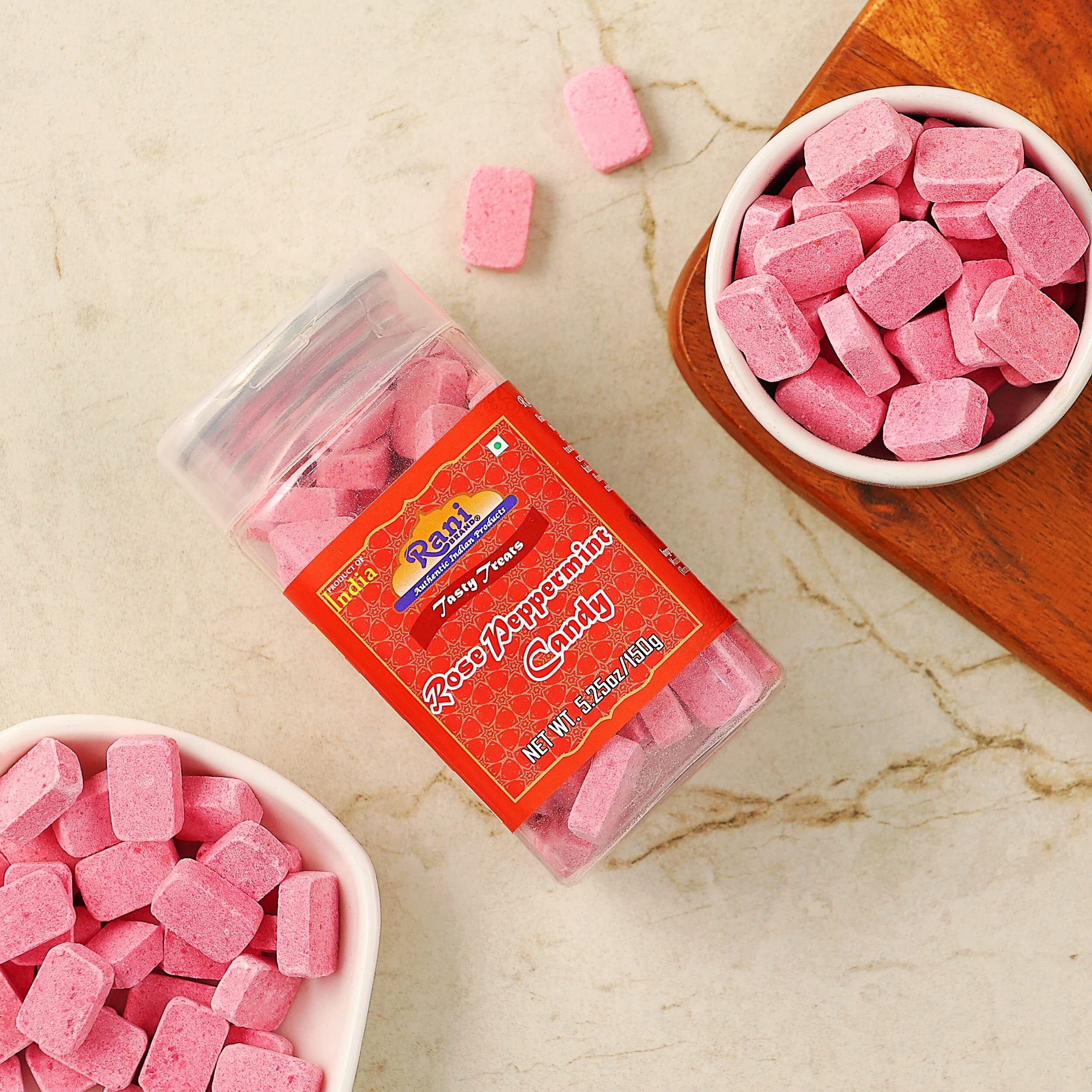 Rani Rose Peppermint Candy 5.25oz (150g) Vacuum Sealed, Easy Open Top, Resealable Container ~ Indian Tasty Treats, Vegan, Gluten Friendly, NON-GMO, Indian Origin