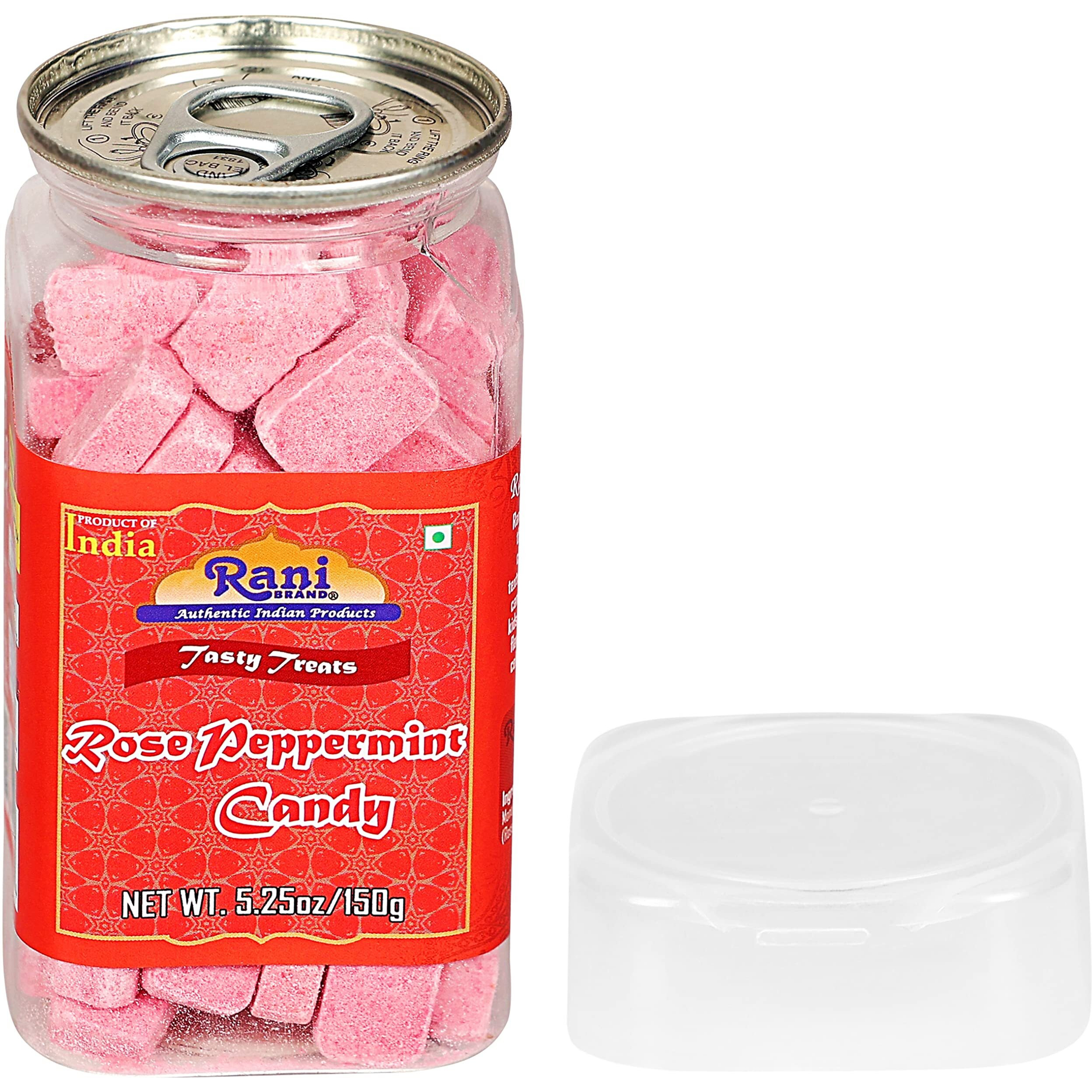 Rani Rose Peppermint Candy 5.25oz (150g) Vacuum Sealed, Easy Open Top, Resealable Container ~ Indian Tasty Treats, Vegan, Gluten Friendly, NON-GMO, Indian Origin