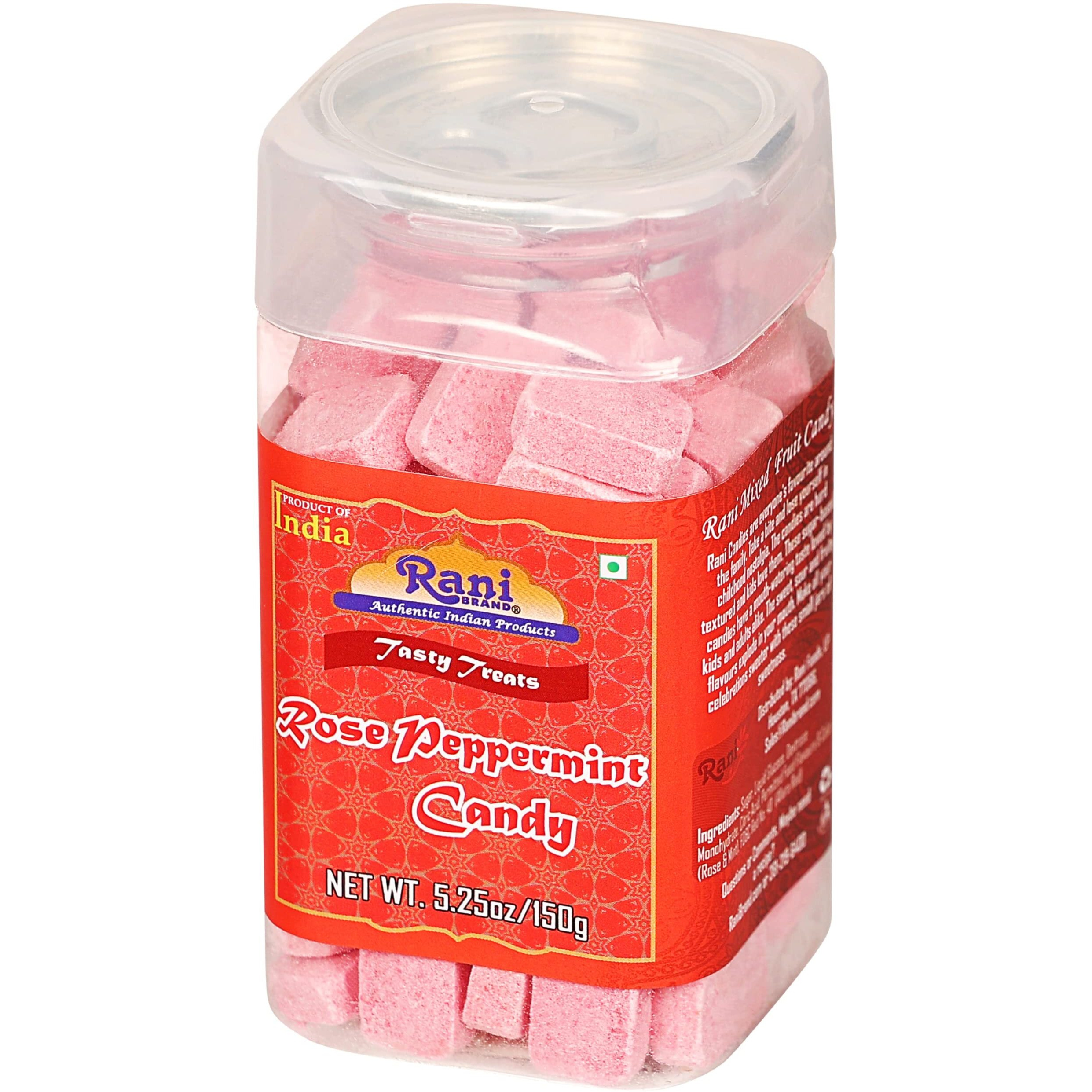 Rani Rose Peppermint Candy 5.25oz (150g) Vacuum Sealed, Easy Open Top, Resealable Container ~ Indian Tasty Treats, Vegan, Gluten Friendly, NON-GMO, Indian Origin