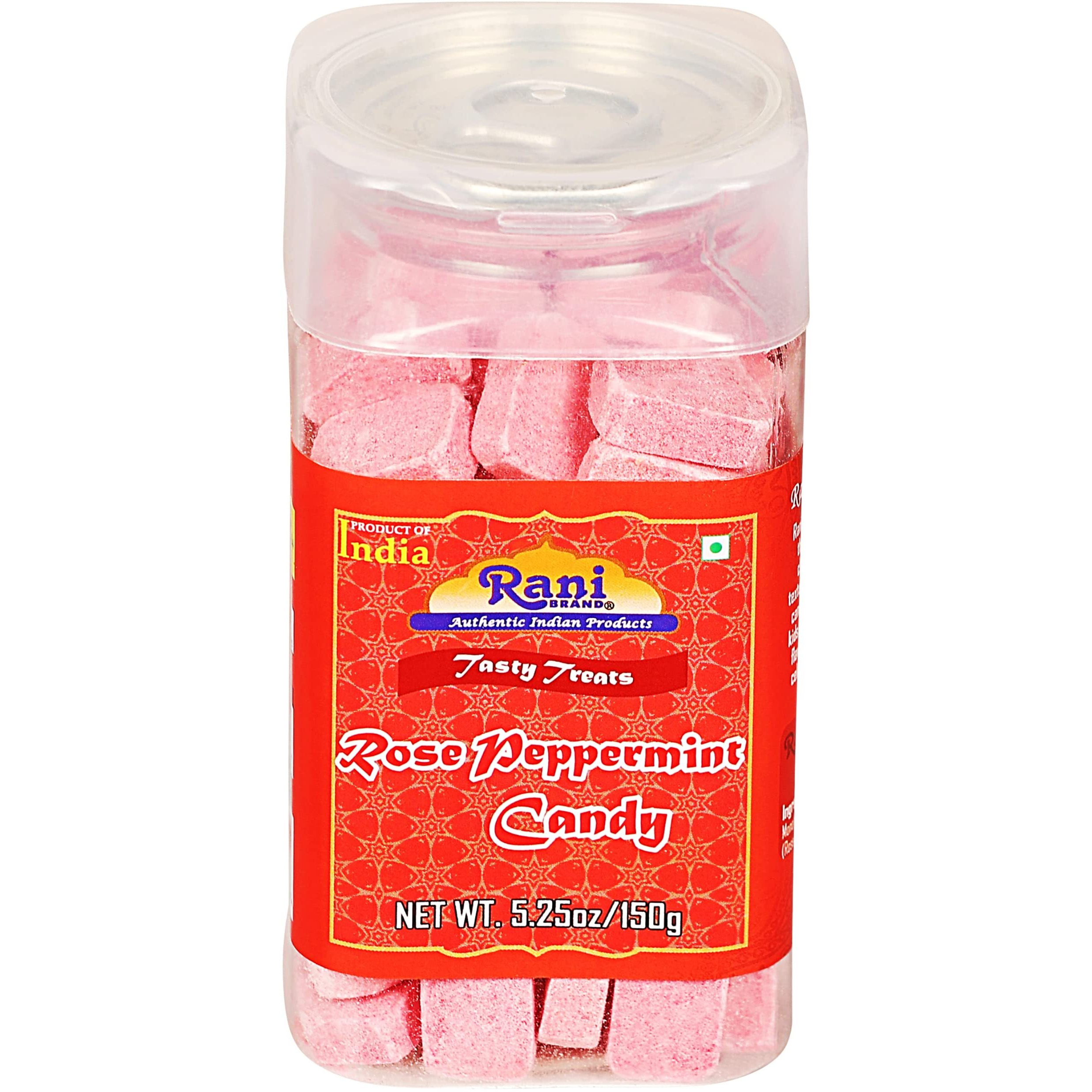 Rani Rose Peppermint Candy 5.25oz (150g) Vacuum Sealed, Easy Open Top, Resealable Container ~ Indian Tasty Treats, Vegan, Gluten Friendly, NON-GMO, Indian Origin