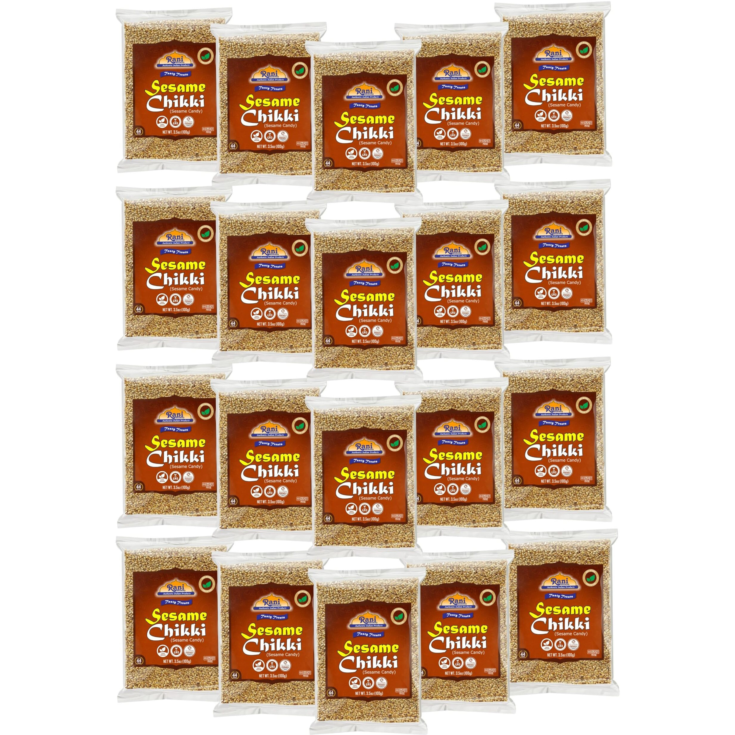 Rani Sesame Chikki (Brittle Candy) 3.5oz (100g) x Pack of 20 ~ All Natural, Vegan, Kosher, No colors, Gluten Friendly, Indian Origin