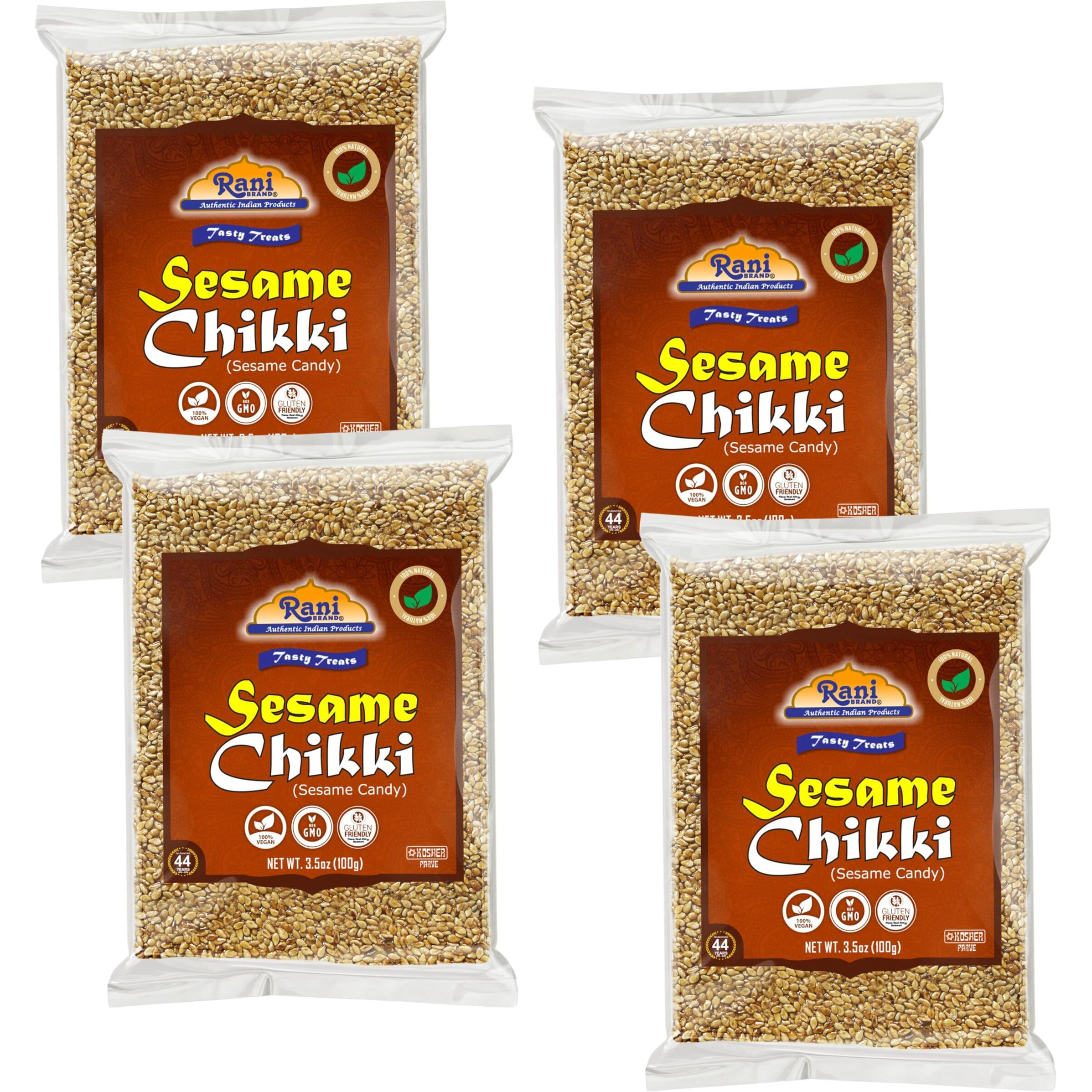 Rani Sesame Chikki (Brittle Candy) 3.5oz (100g) x Pack of 4 ~ All Natural, Vegan, Kosher, No colors, Gluten Friendly, Indian Origin