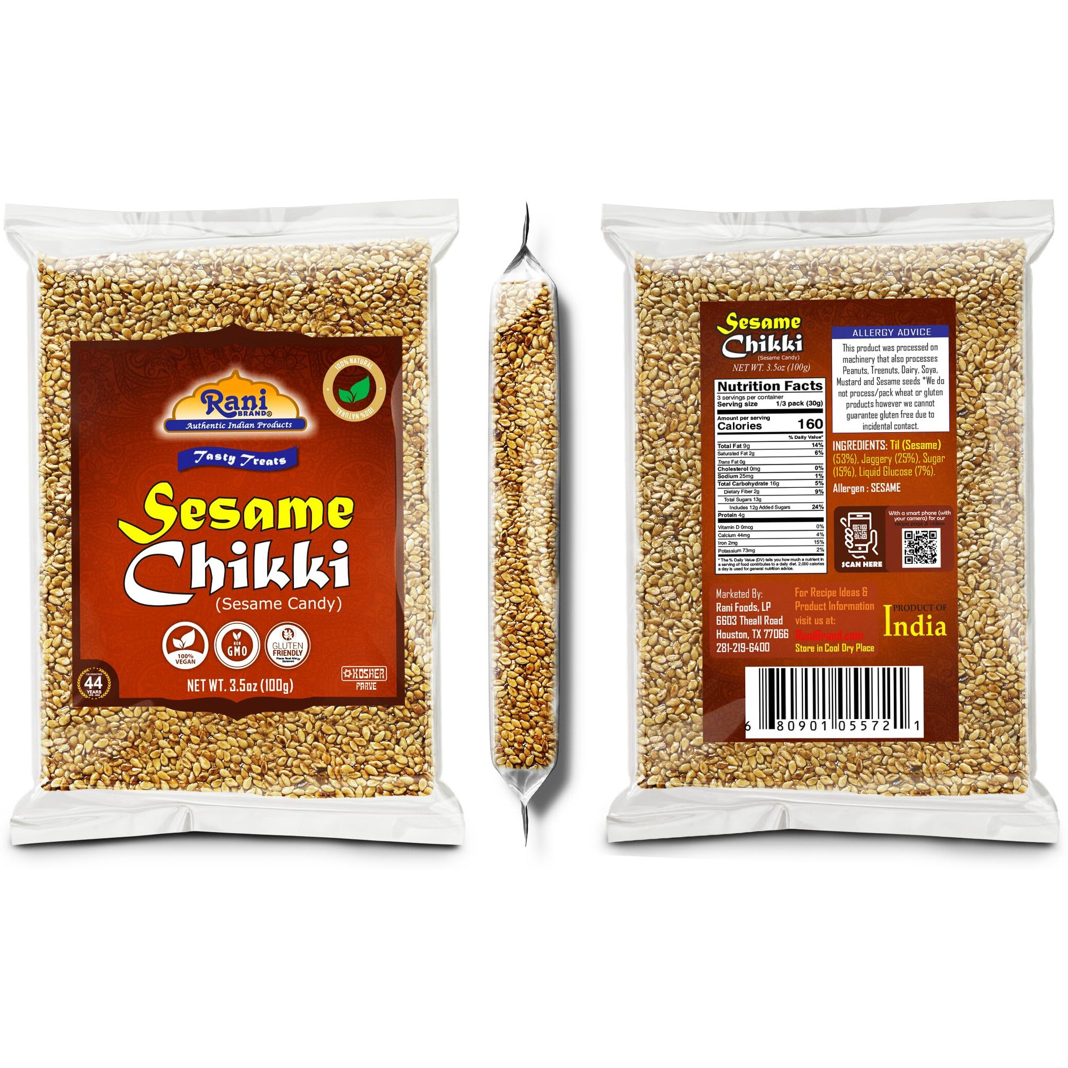 Rani Sesame Chikki (Brittle Candy) 3.5oz (100g) x Pack of 4 ~ All Natural, Vegan, Kosher, No colors, Gluten Friendly, Indian Origin