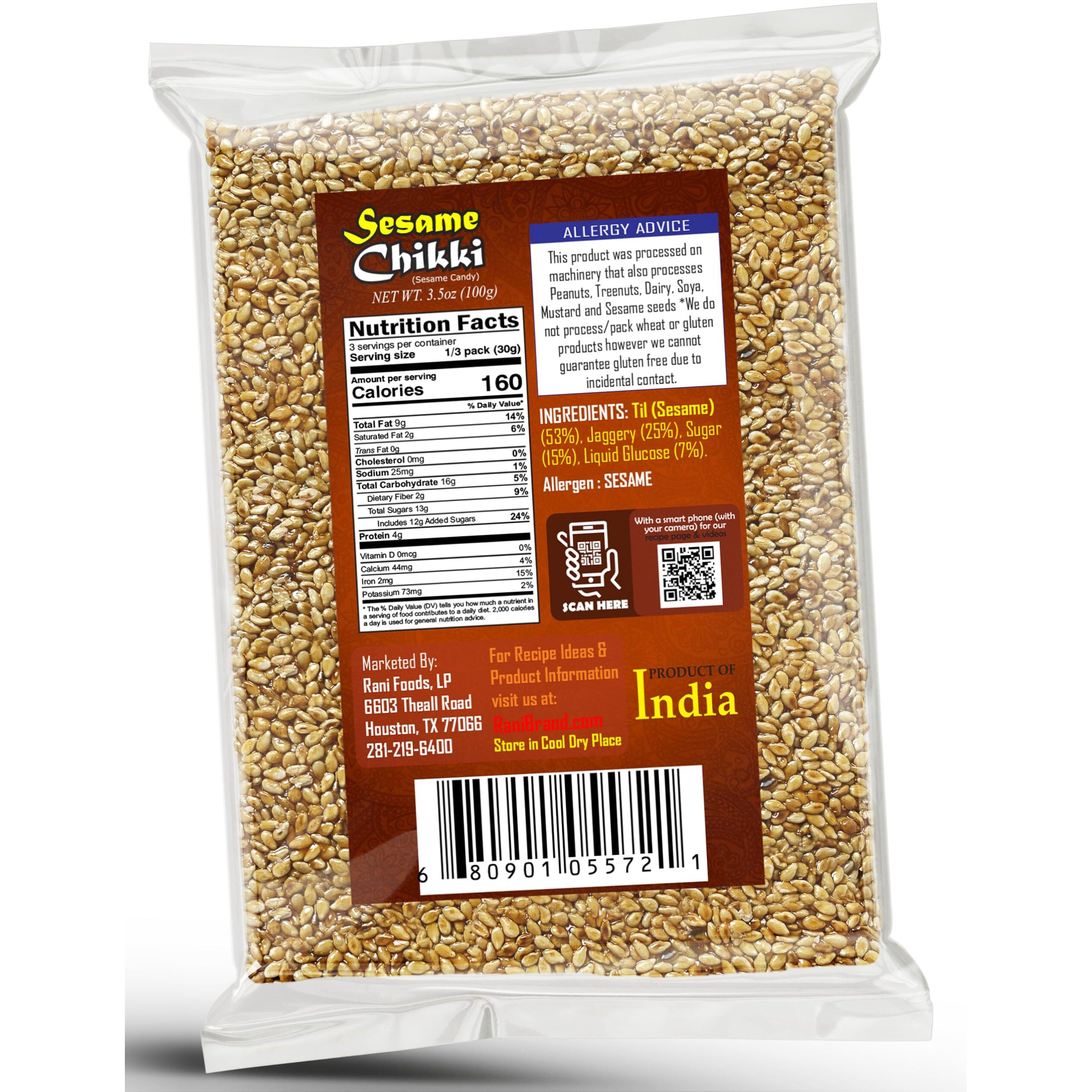 Rani Sesame Chikki (Brittle Candy) 3.5oz (100g) x Pack of 4 ~ All Natural, Vegan, Kosher, No colors, Gluten Friendly, Indian Origin