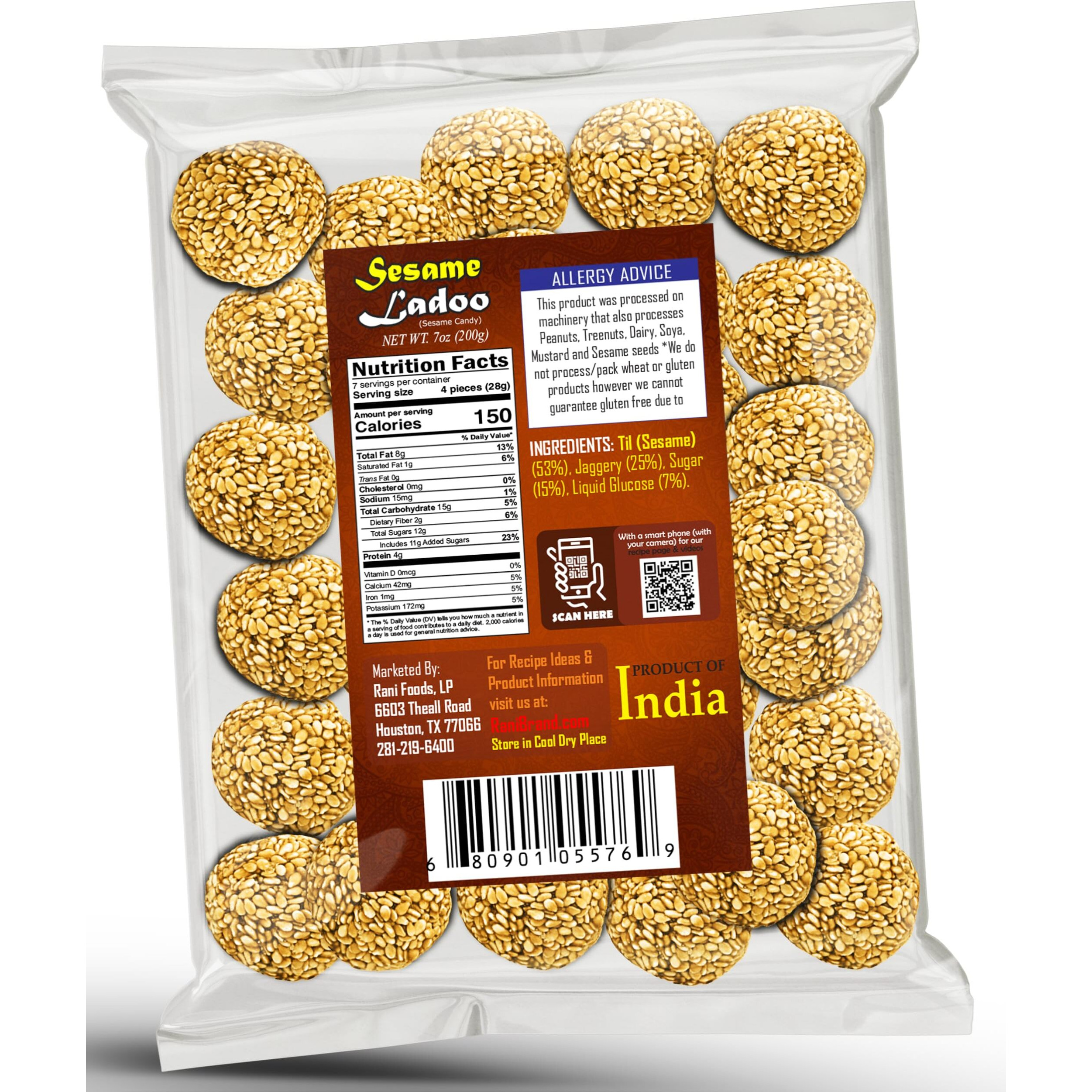 Rani Sesame Ladoo (Round Sesame Brittle Candy) 7oz (200g) x Pack of 20 ~ All Natural, Vegan, No colors, Gluten Friendly, Indian Origin