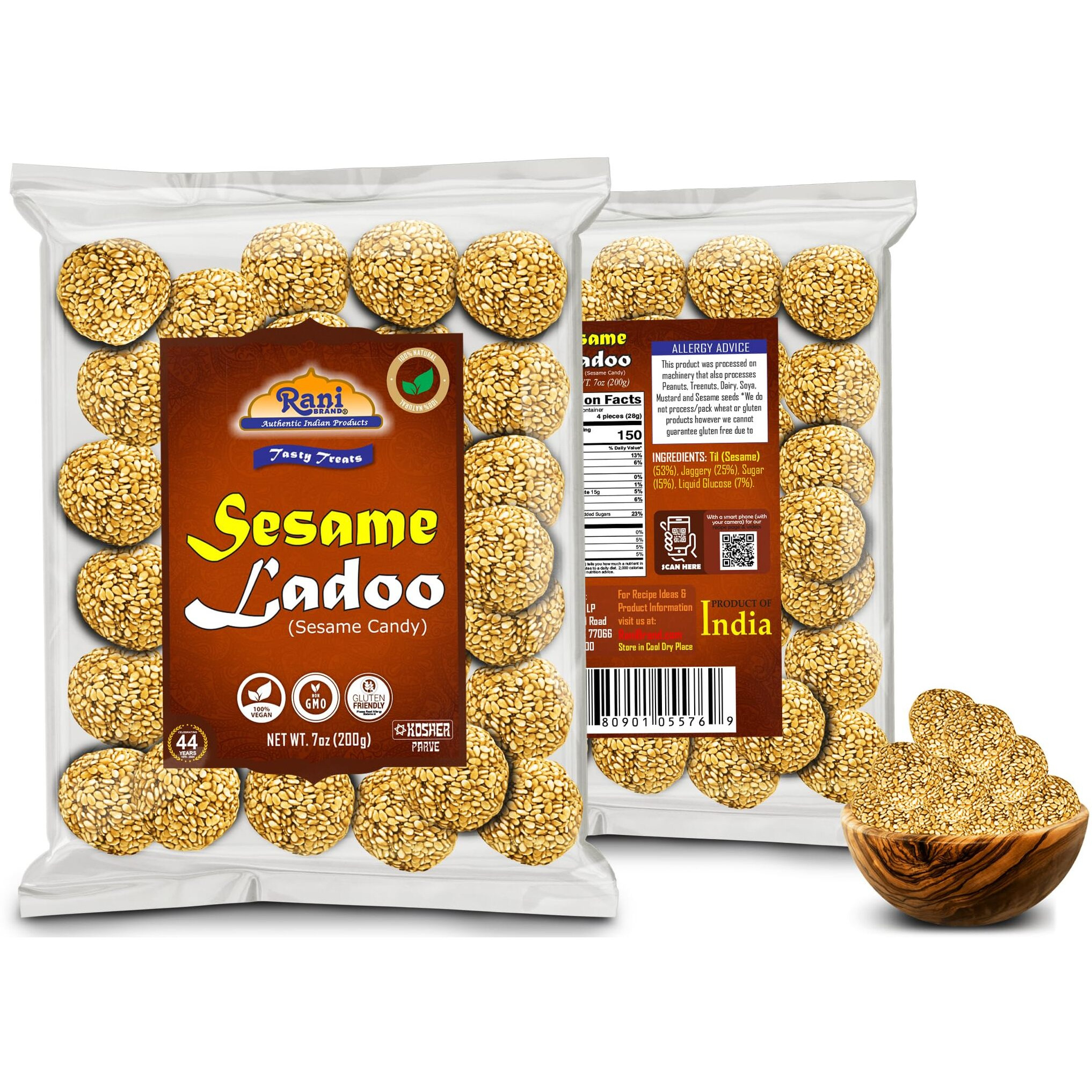 Rani Sesame Ladoo (Round Sesame Brittle Candy) 7oz (200g) x Pack of 4 ~ All Natural, Vegan, No colors, Gluten Friendly, Indian Origin