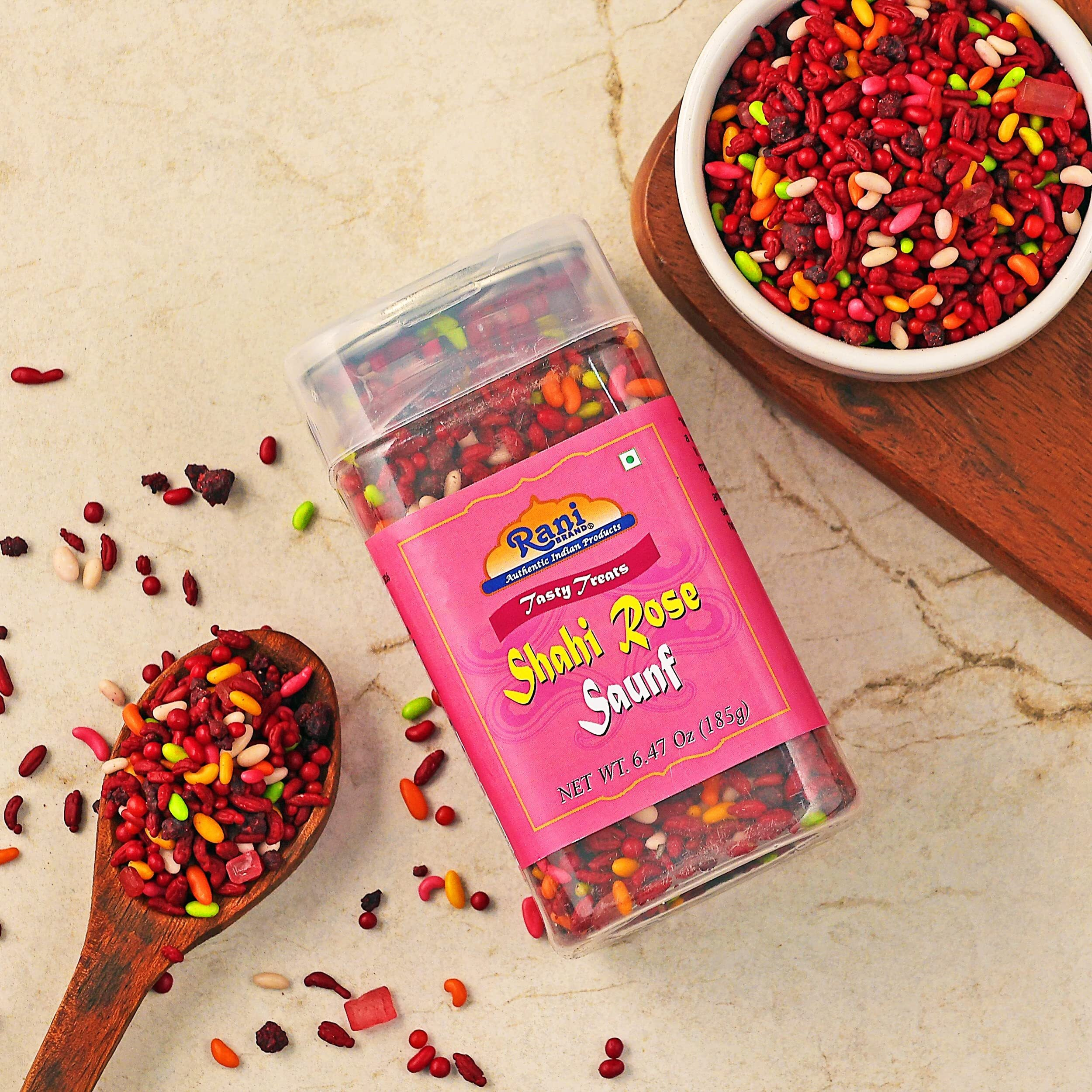 Rani Shahi Rose Saunf 6.47oz (185g) Vacuum Sealed, Easy Open Top, Resealable Container ~ Indian Tasty Treats, Vegan, Gluten Friendly, NON-GMO, Indian Origin