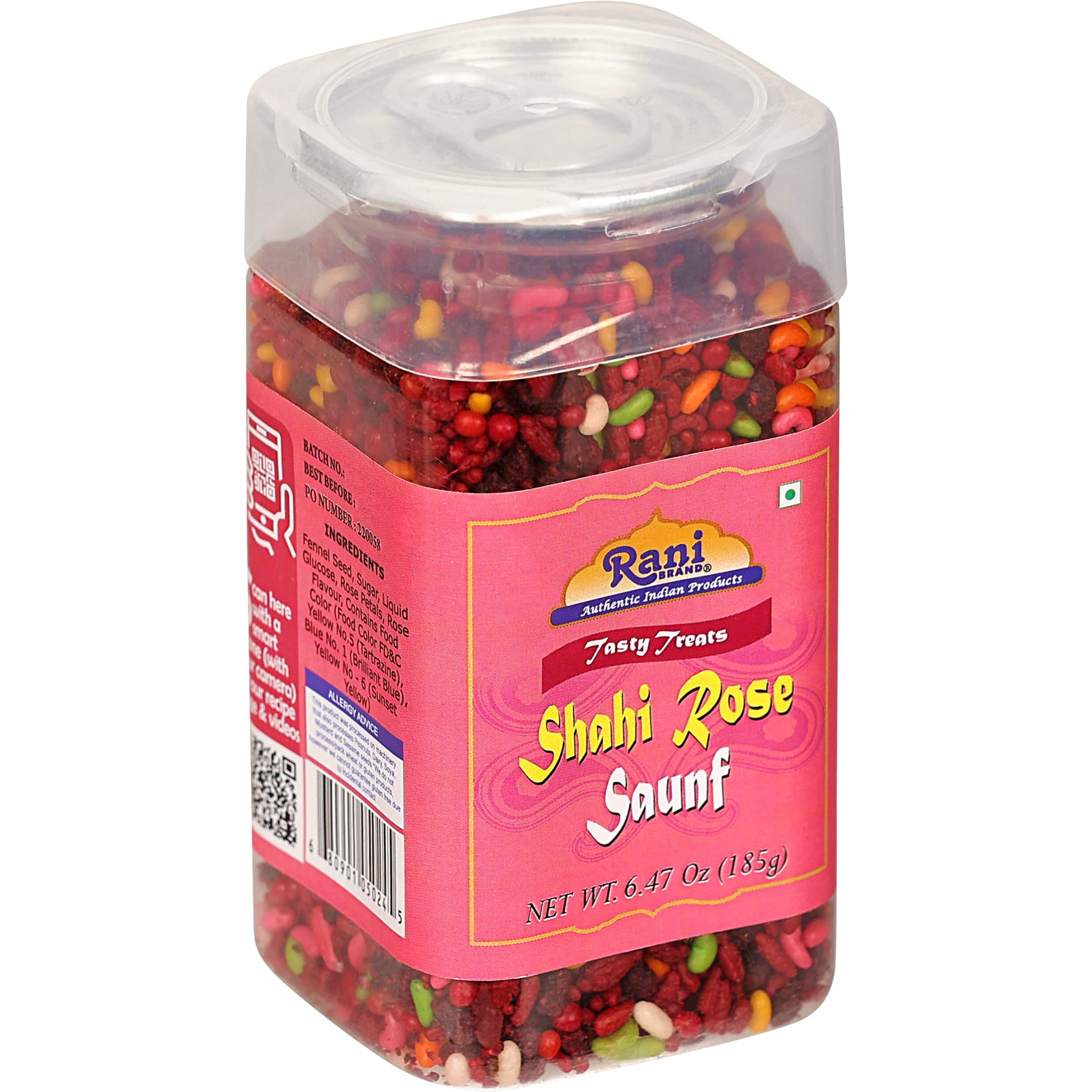 Rani Shahi Rose Saunf 6.47oz (185g) Vacuum Sealed, Easy Open Top, Resealable Container ~ Indian Tasty Treats, Vegan, Gluten Friendly, NON-GMO, Indian Origin