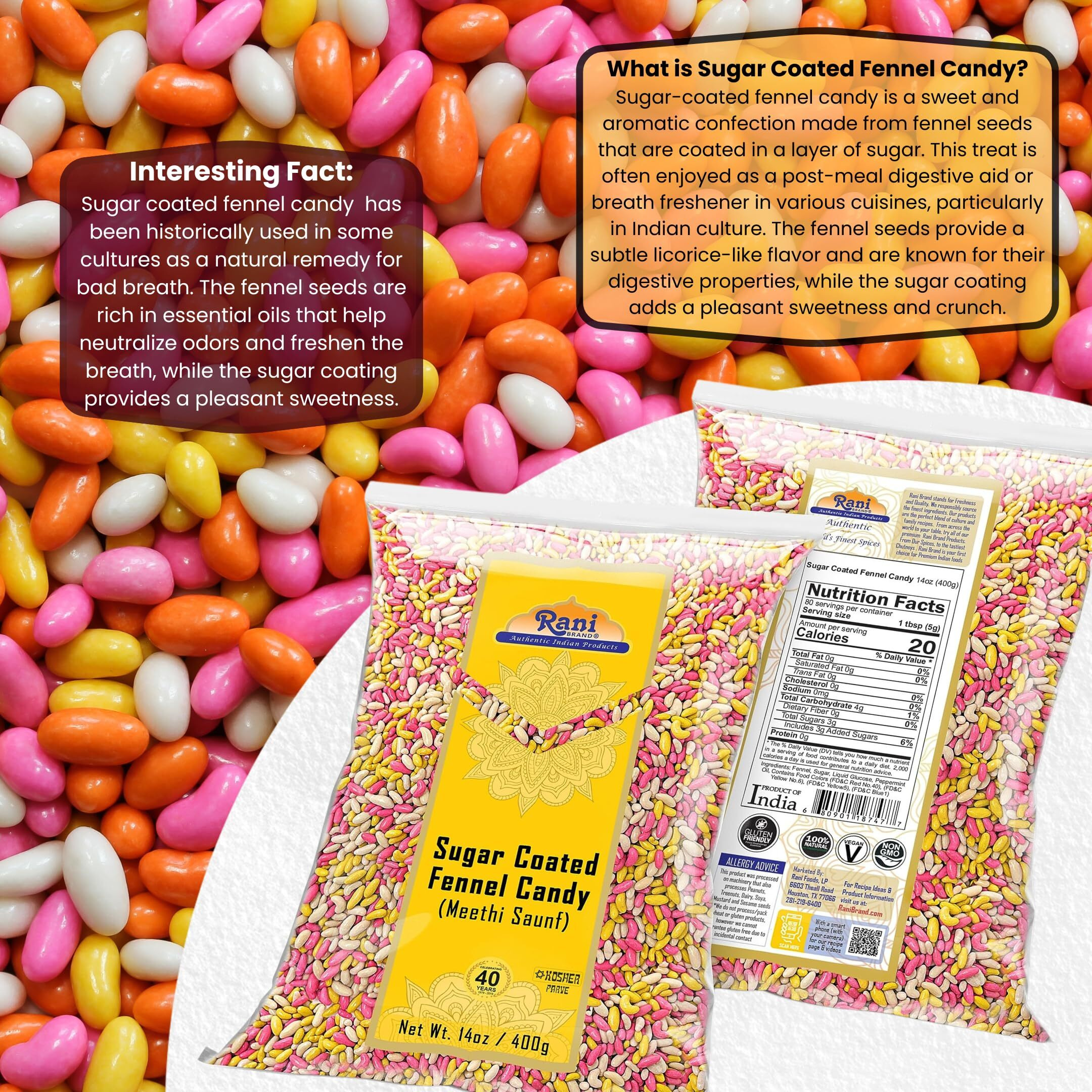 Rani Sugar Coated Fennel Candy 14oz (400g) - [Pack of 2 / 800g 28oz total] ~ Indian After Meal Digestive Treat, Vegan, Gluten Friendly, NON-GMO, Indian Origin (Size 14oz (400g))
